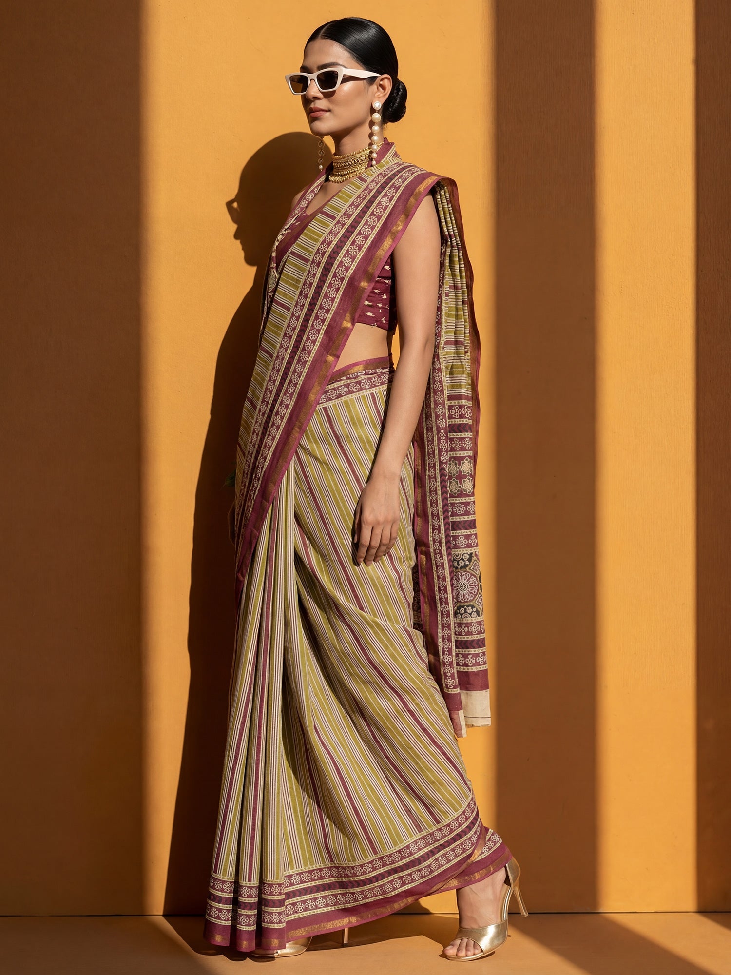 Magenta & Green striped Saree - Ressa