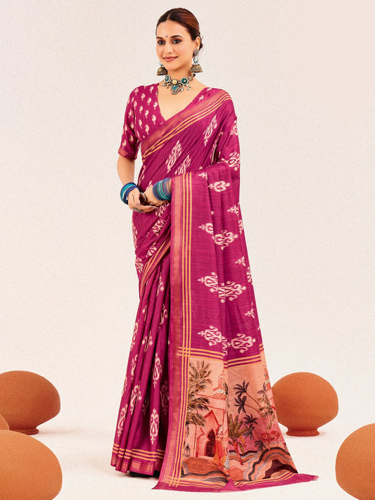 Magenta Ikat Cotton Silk Saree with Pichwai Pallu - Ressa