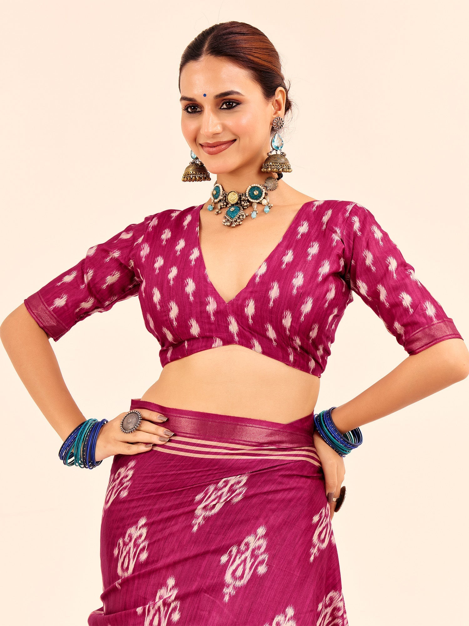 Magenta Ikat Cotton Silk Saree with Pichwai Pallu - Ressa