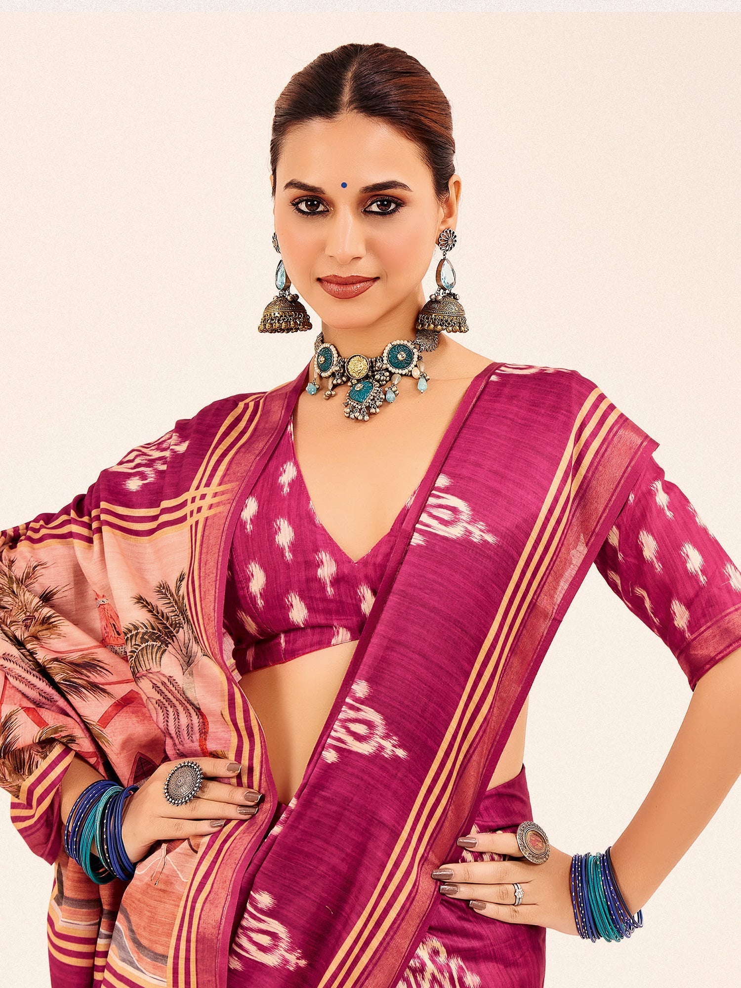 Magenta Ikat Cotton Silk Saree with Pichwai Pallu - Ressa