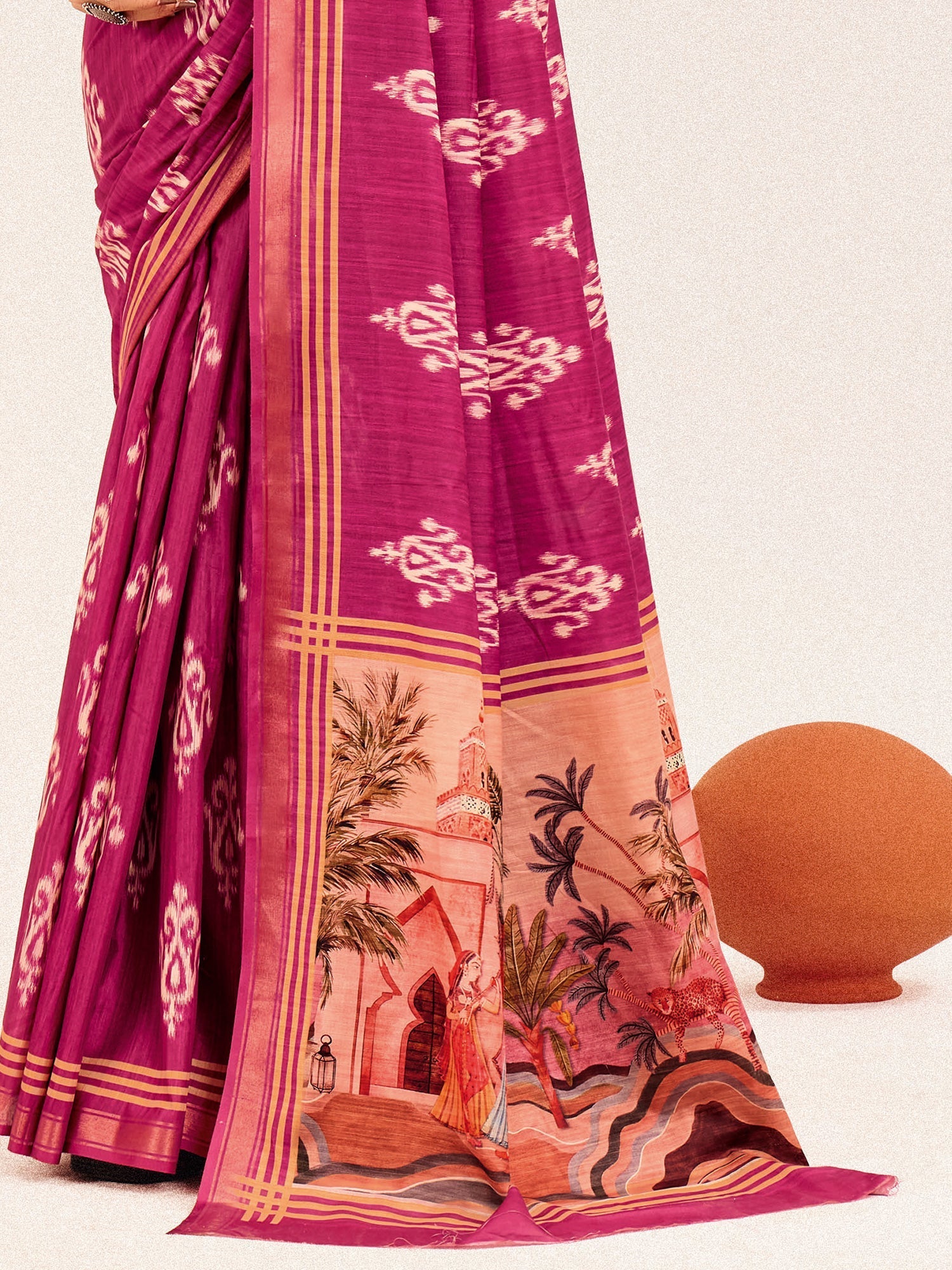 Magenta Ikat Cotton Silk Saree with Pichwai Pallu - Ressa