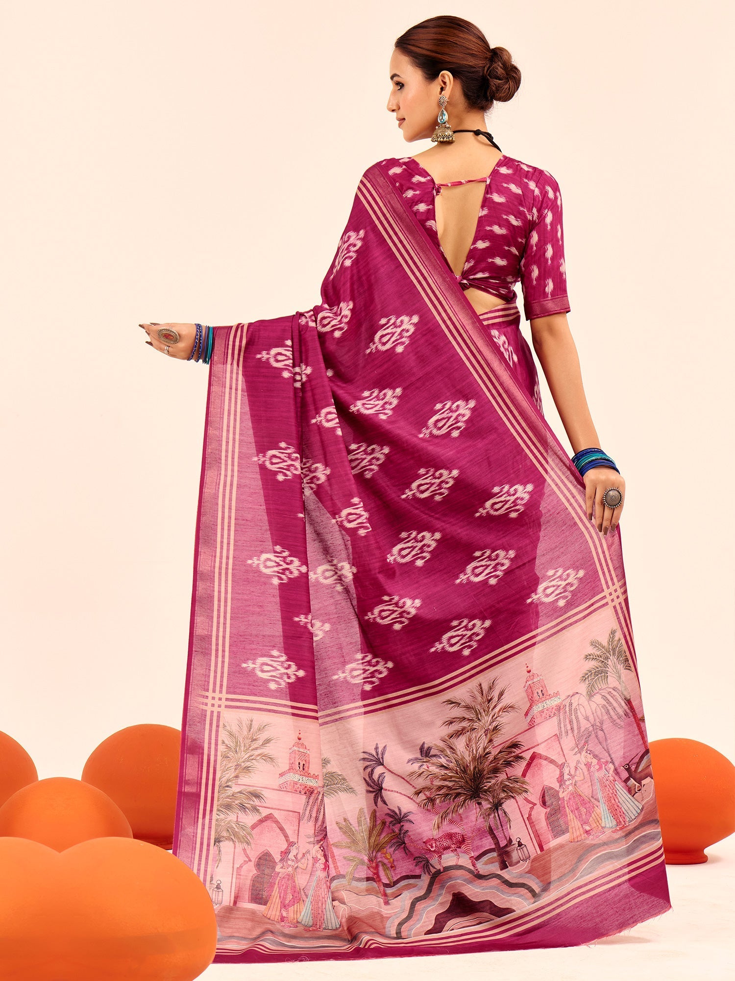 Magenta Ikat Cotton Silk Saree with Pichwai Pallu - Ressa