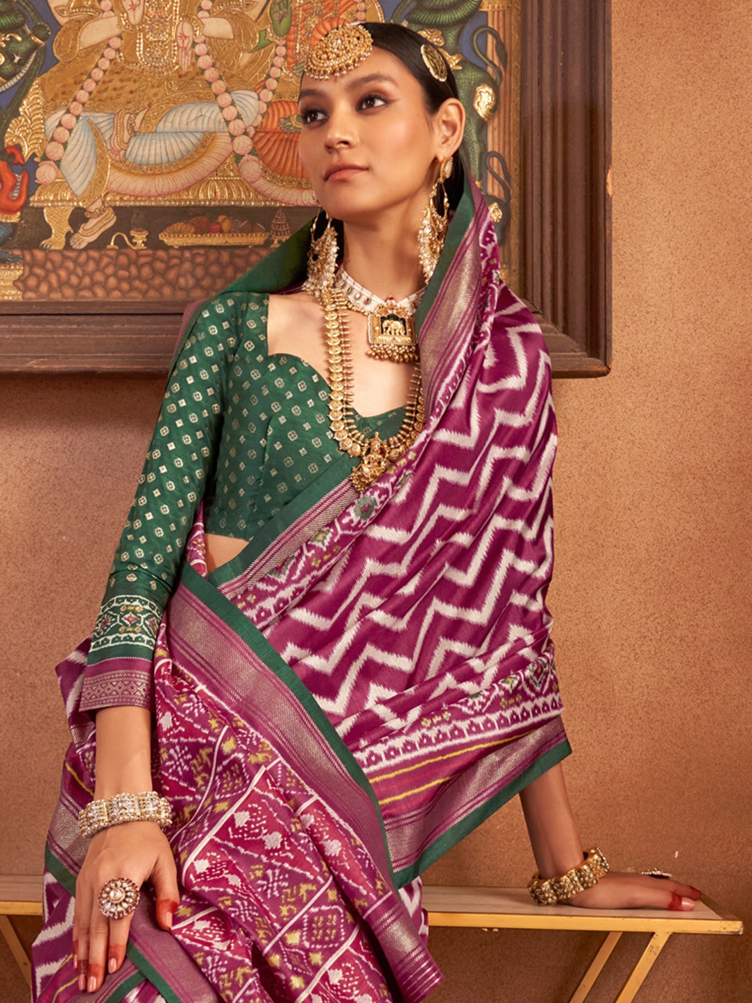 Magenta & Off-White Patola Style Silk Blend Saree - Ressa