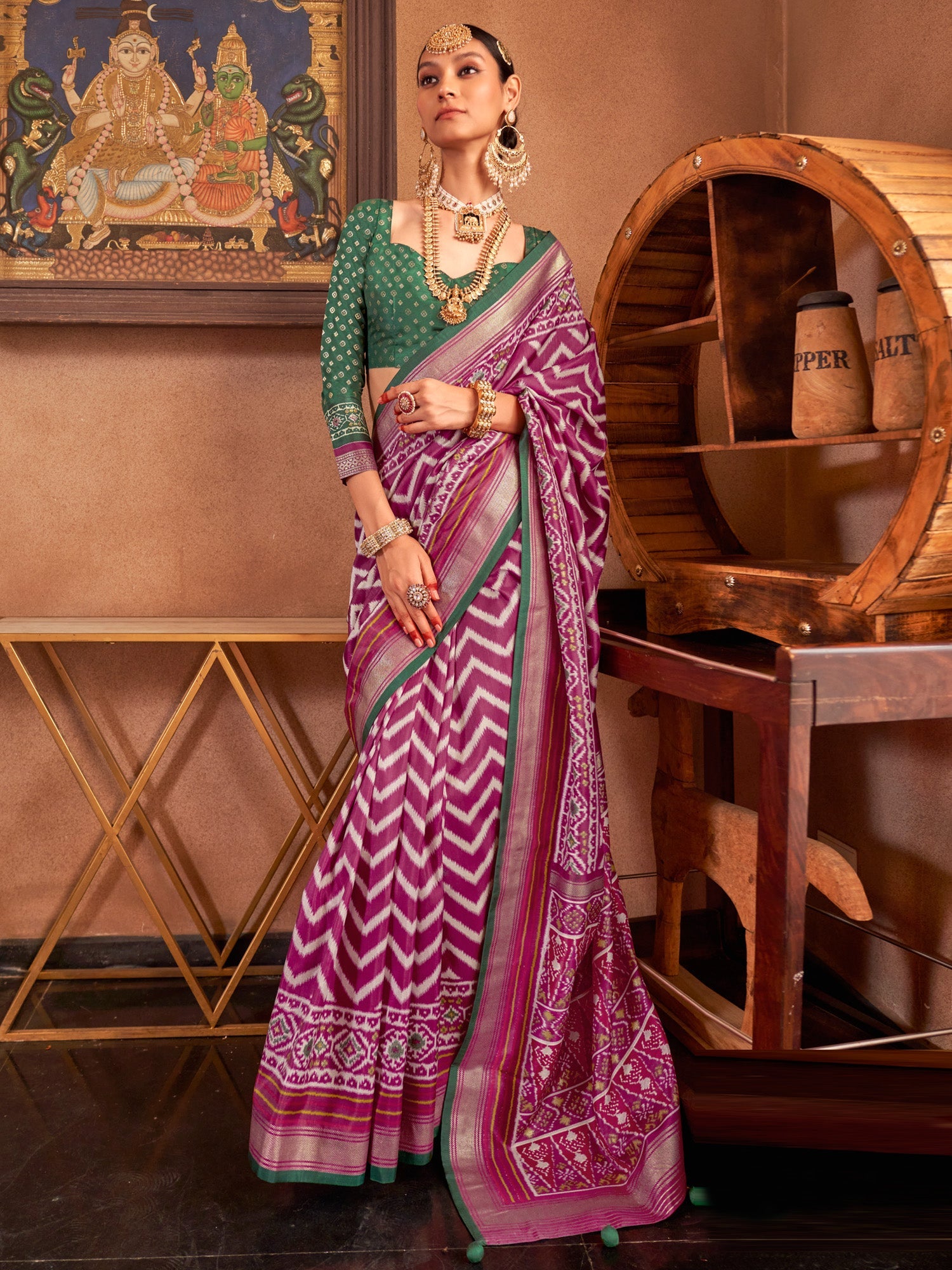 Magenta & Off-White Patola Style Silk Blend Saree - Ressa