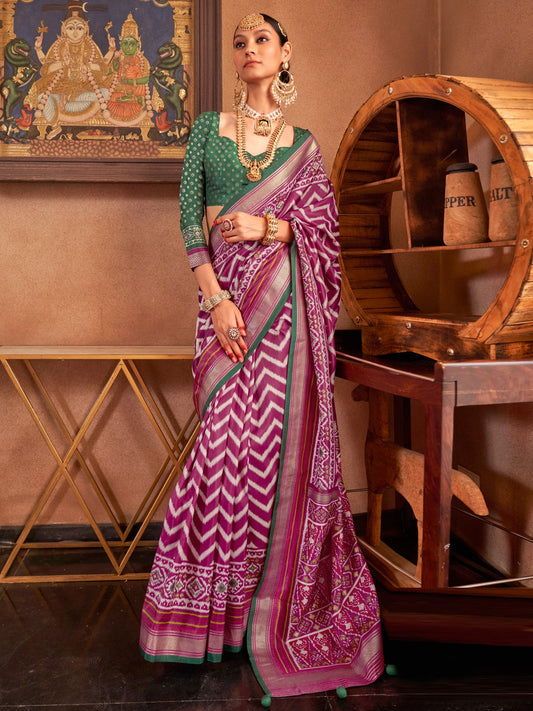 Magenta & Off-White Patola Style Silk Blend Saree - Ressa
