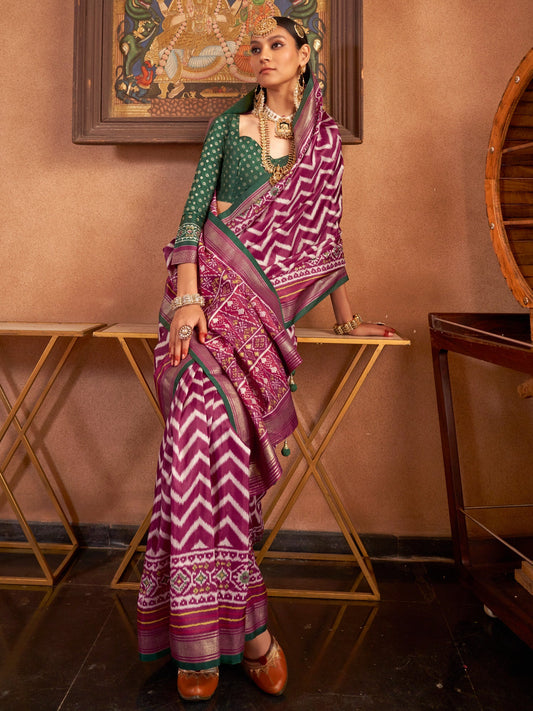 Magenta & Off-White Patola Style Silk Blend Saree - Ressa