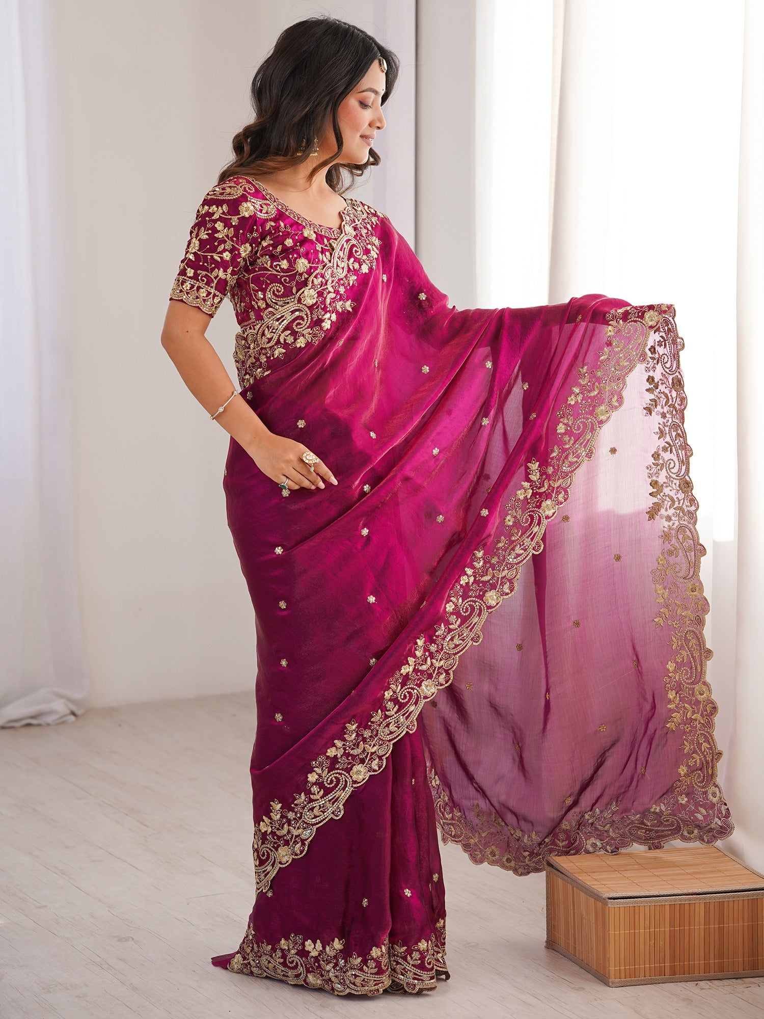 Magenta Organza Embroidered Saree with Blouse - Ressa