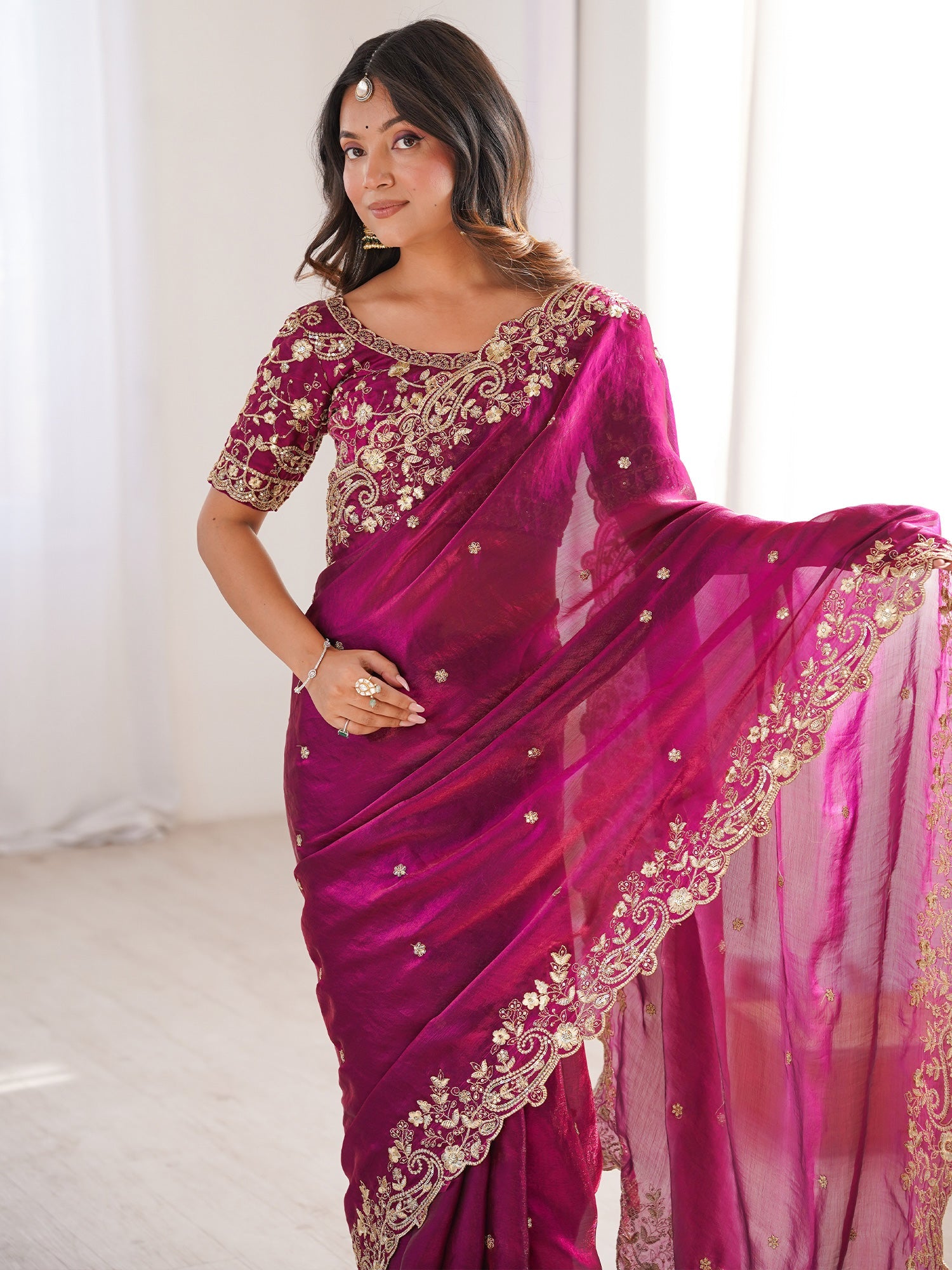Magenta Organza Embroidered Saree with Blouse - Ressa