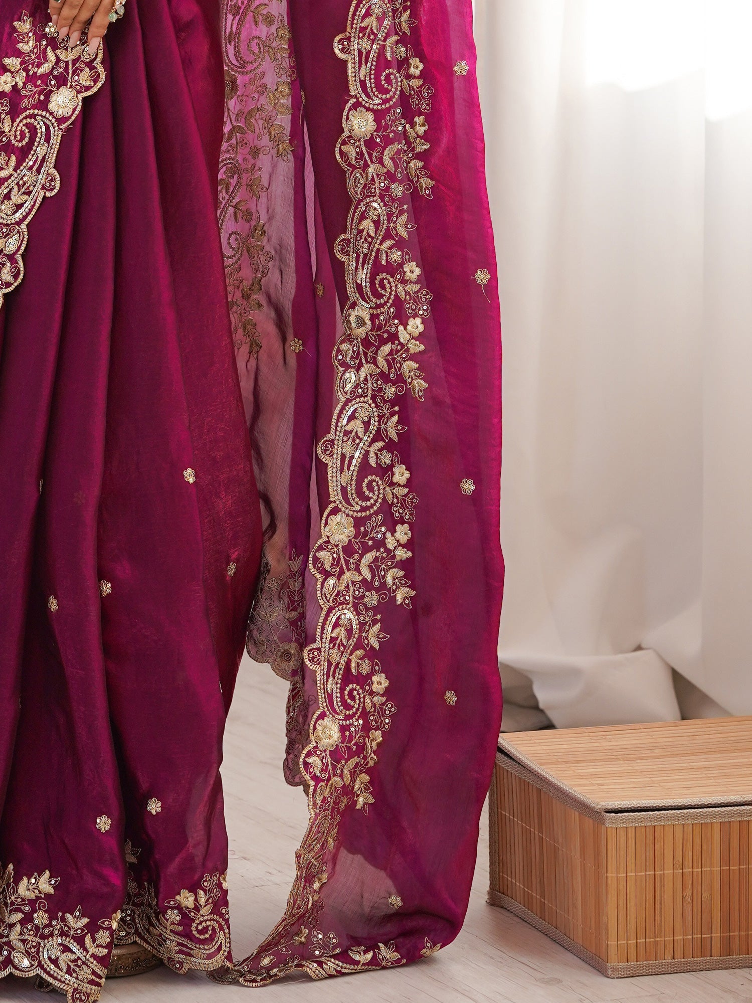 Magenta Organza Embroidered Saree with Blouse - Ressa