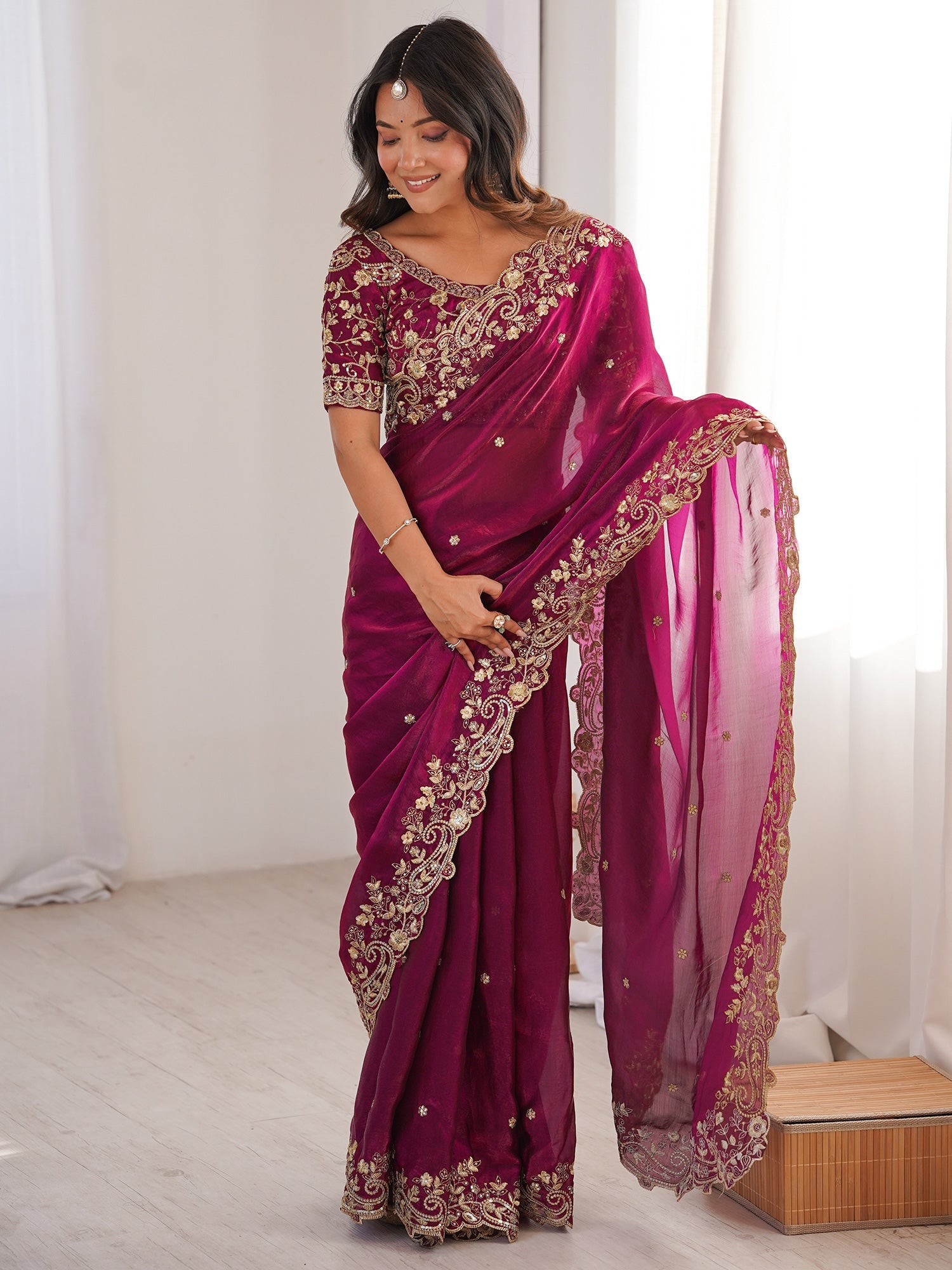 Magenta Organza Embroidered Saree with Blouse - Ressa