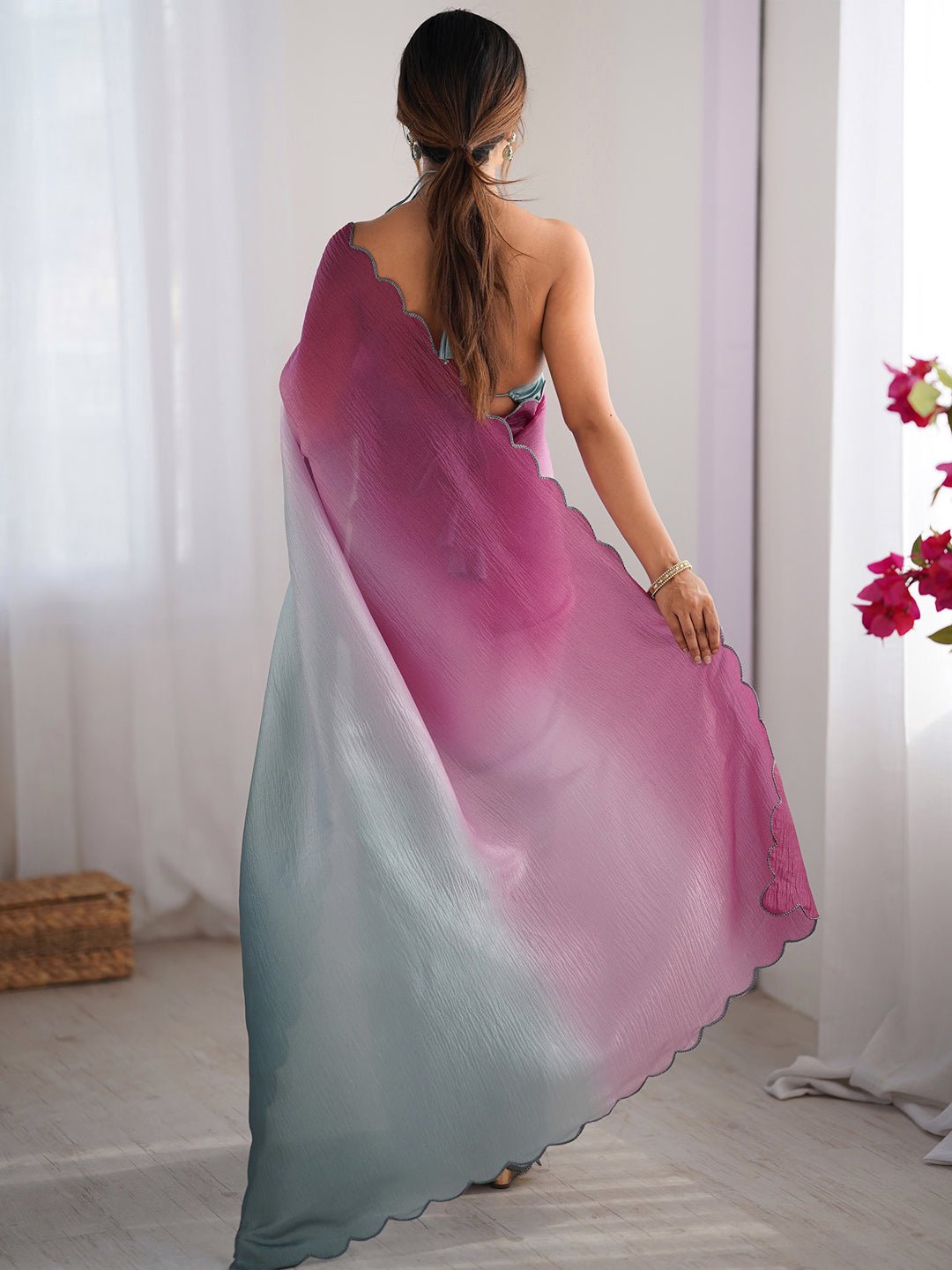 Magenta Pastel Green Ombre Scalloped Border Saree - Ressa