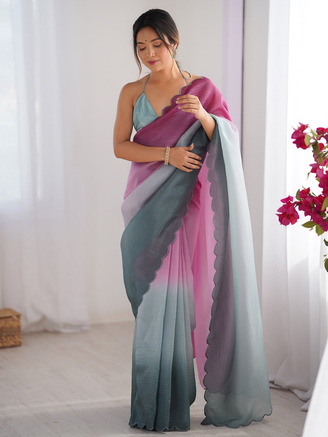 Magenta Pastel Green Ombre Scalloped Border Saree - Ressa