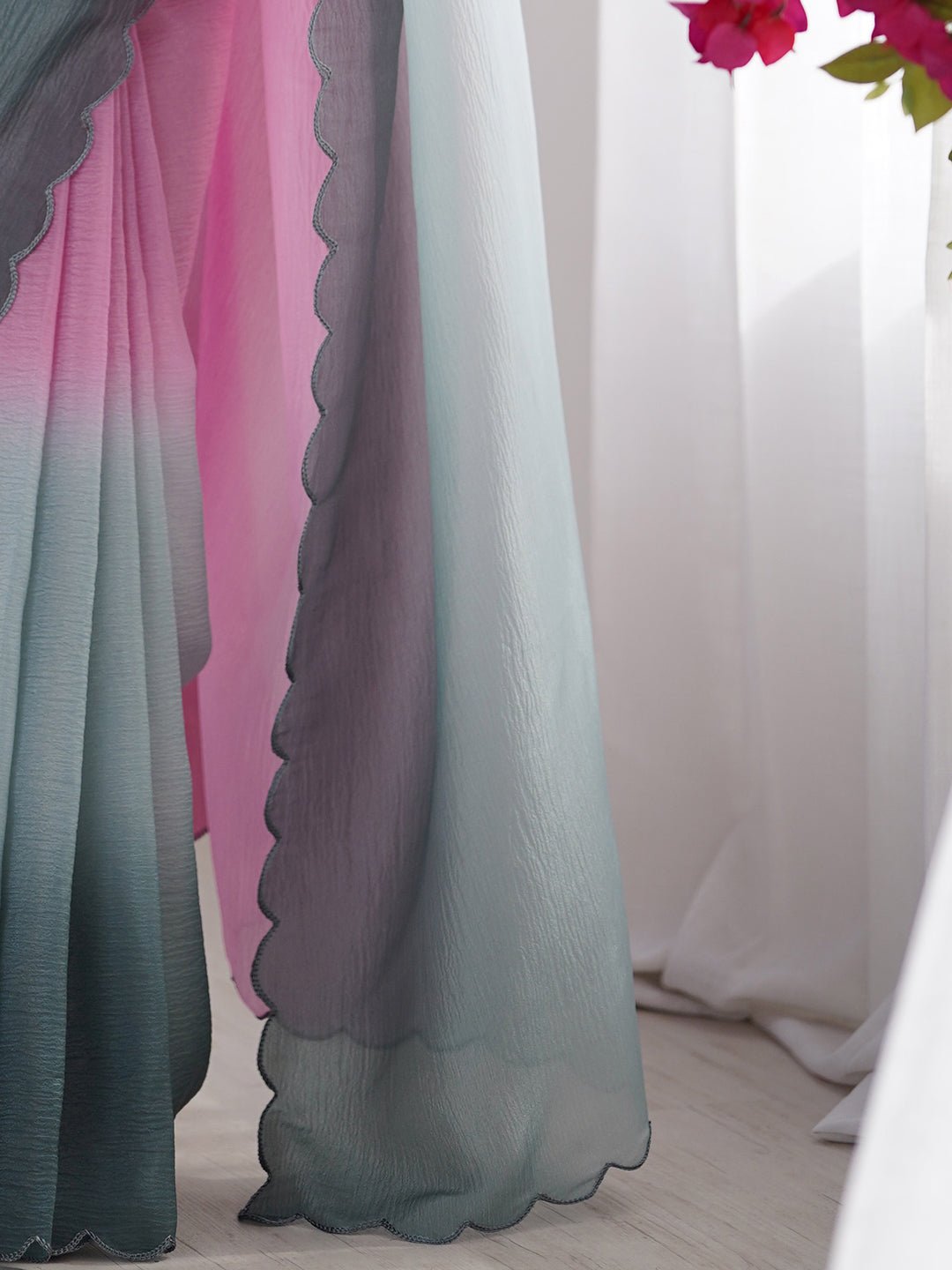 Magenta Pastel Green Ombre Scalloped Border Saree - Ressa