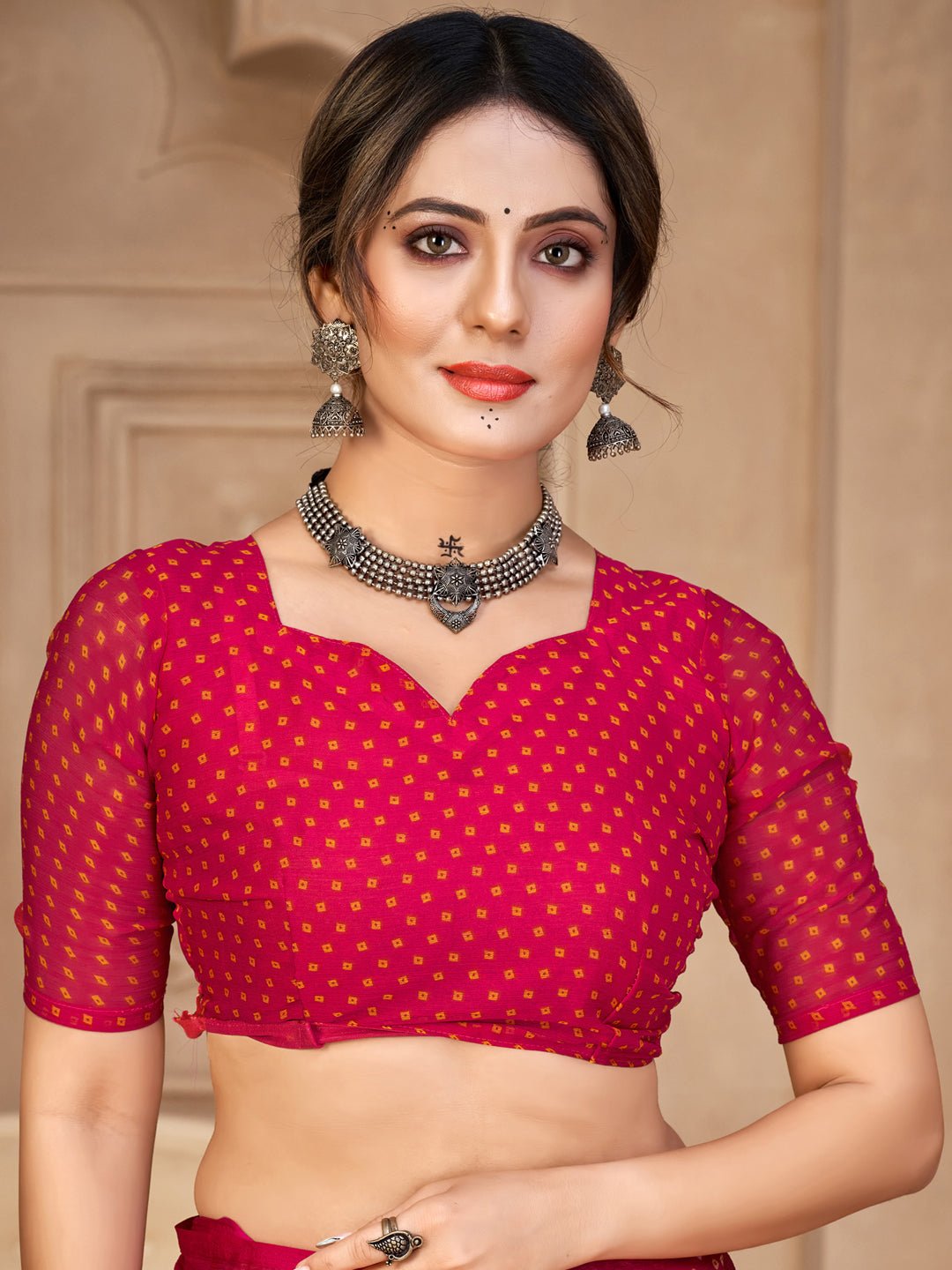 Magenta Pink Georgette Bandhani Print Saree - Ressa