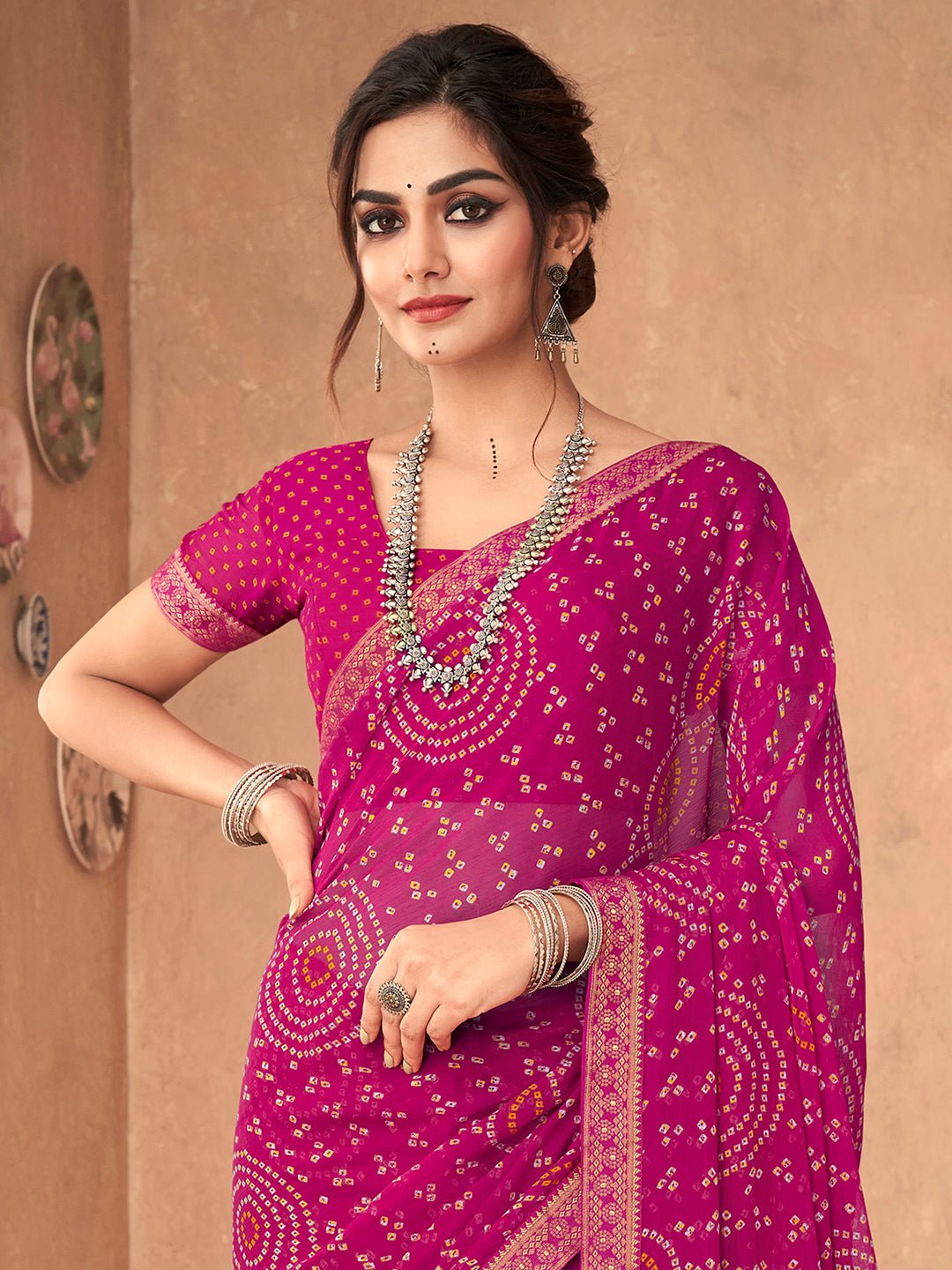 Magenta Pink Georgette Bandhani Print Saree - Ressa