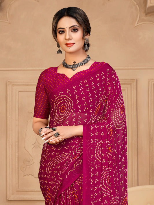 Magenta Pink Georgette Bandhani Print Saree - Ressa