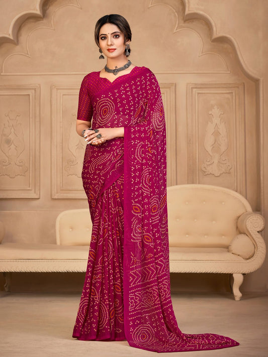 Magenta Pink Georgette Bandhani Print Saree - Ressa
