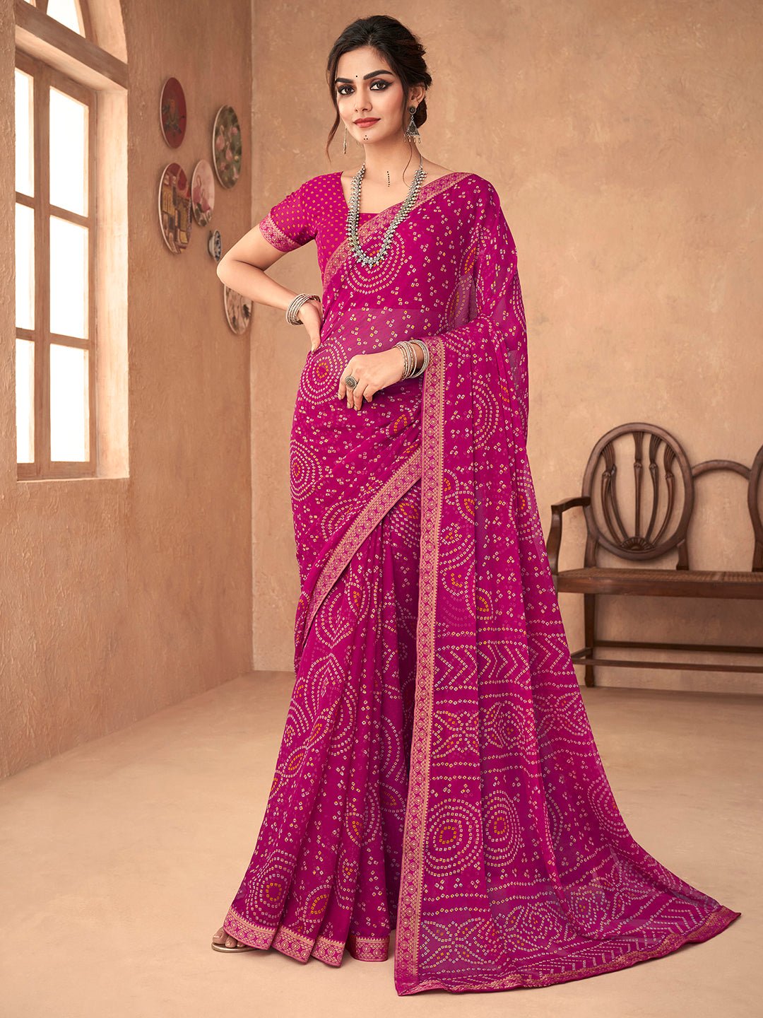 Magenta Pink Georgette Bandhani Print Saree - Ressa