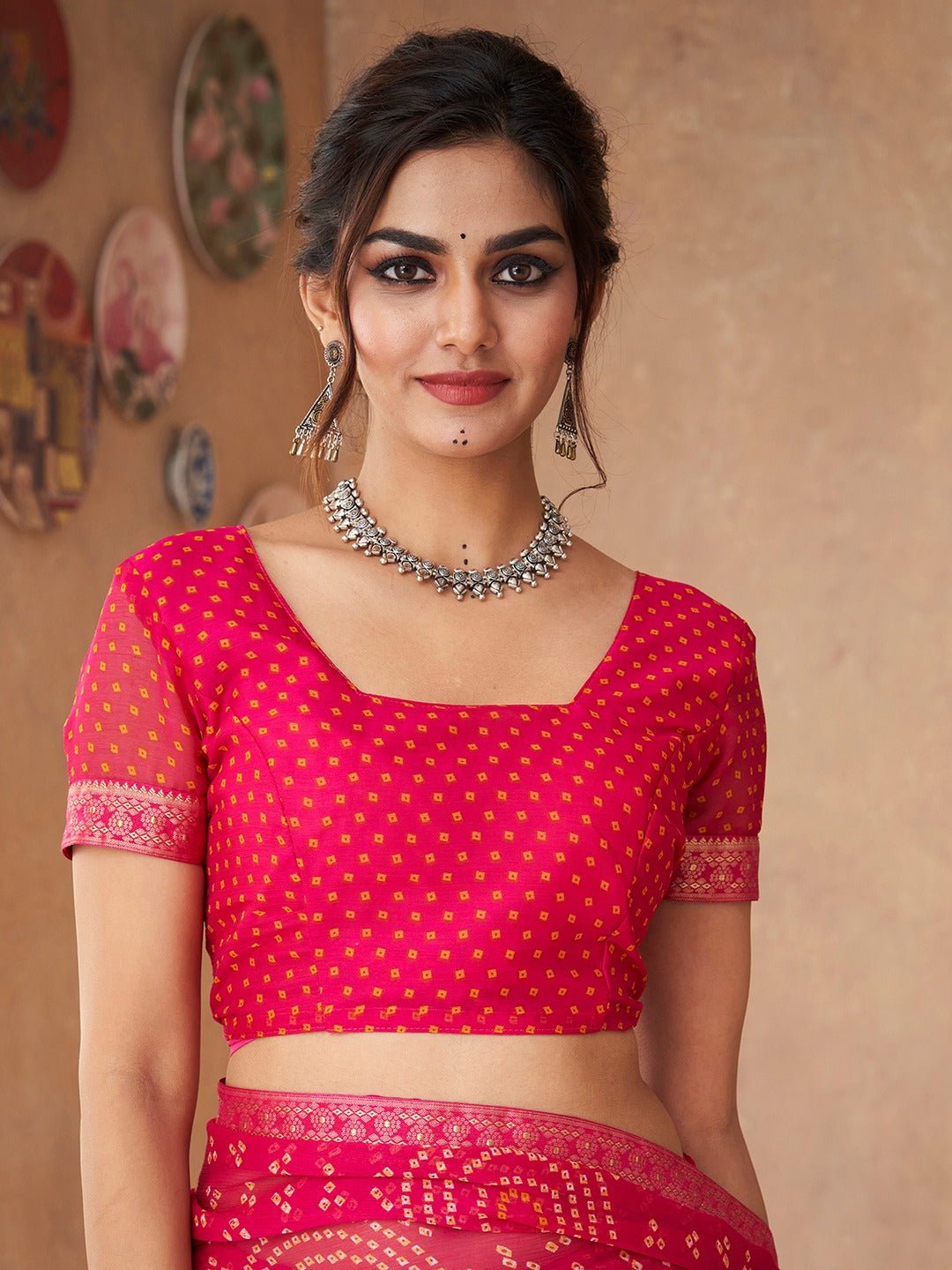 Magenta Pink Georgette Bandhani Print Saree - Ressa