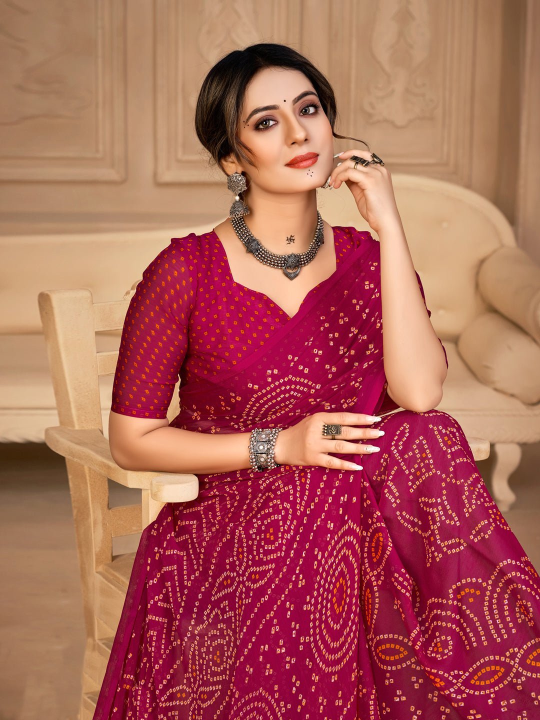 Magenta Pink Georgette Bandhani Print Saree - Ressa