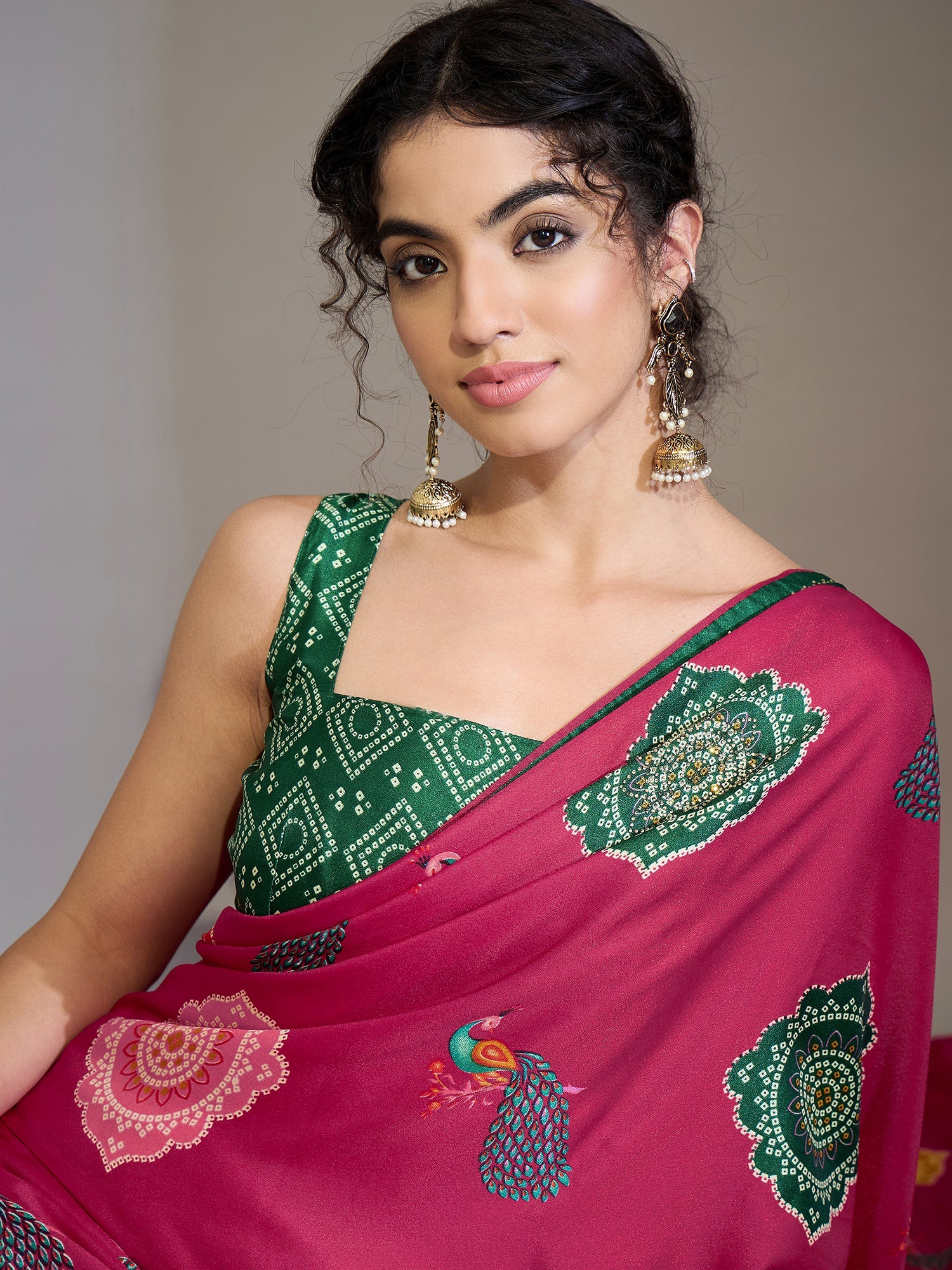 Magenta Pink Printed Crepe Saree - Ressa