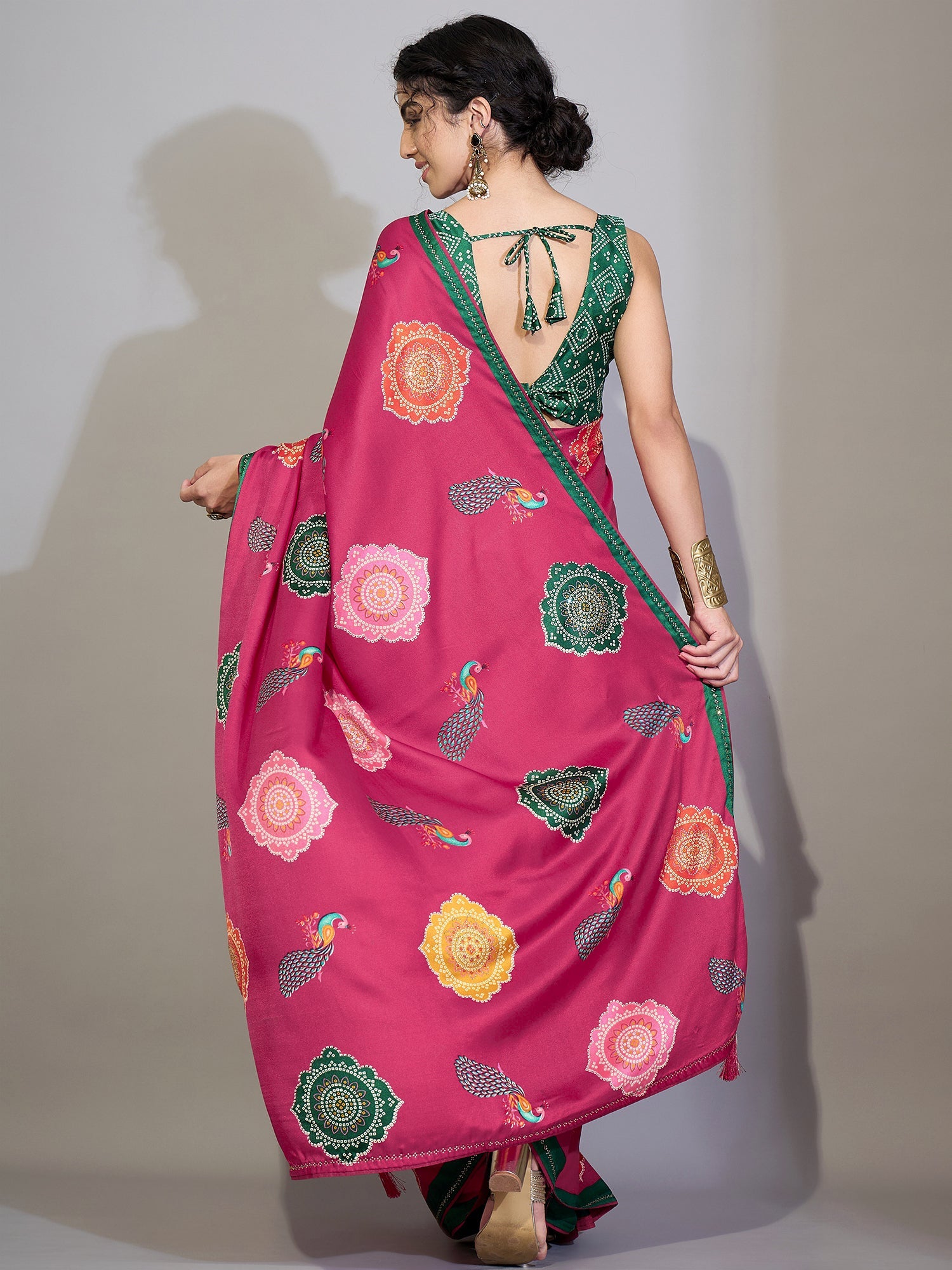 Magenta Pink Printed Crepe Saree - Ressa