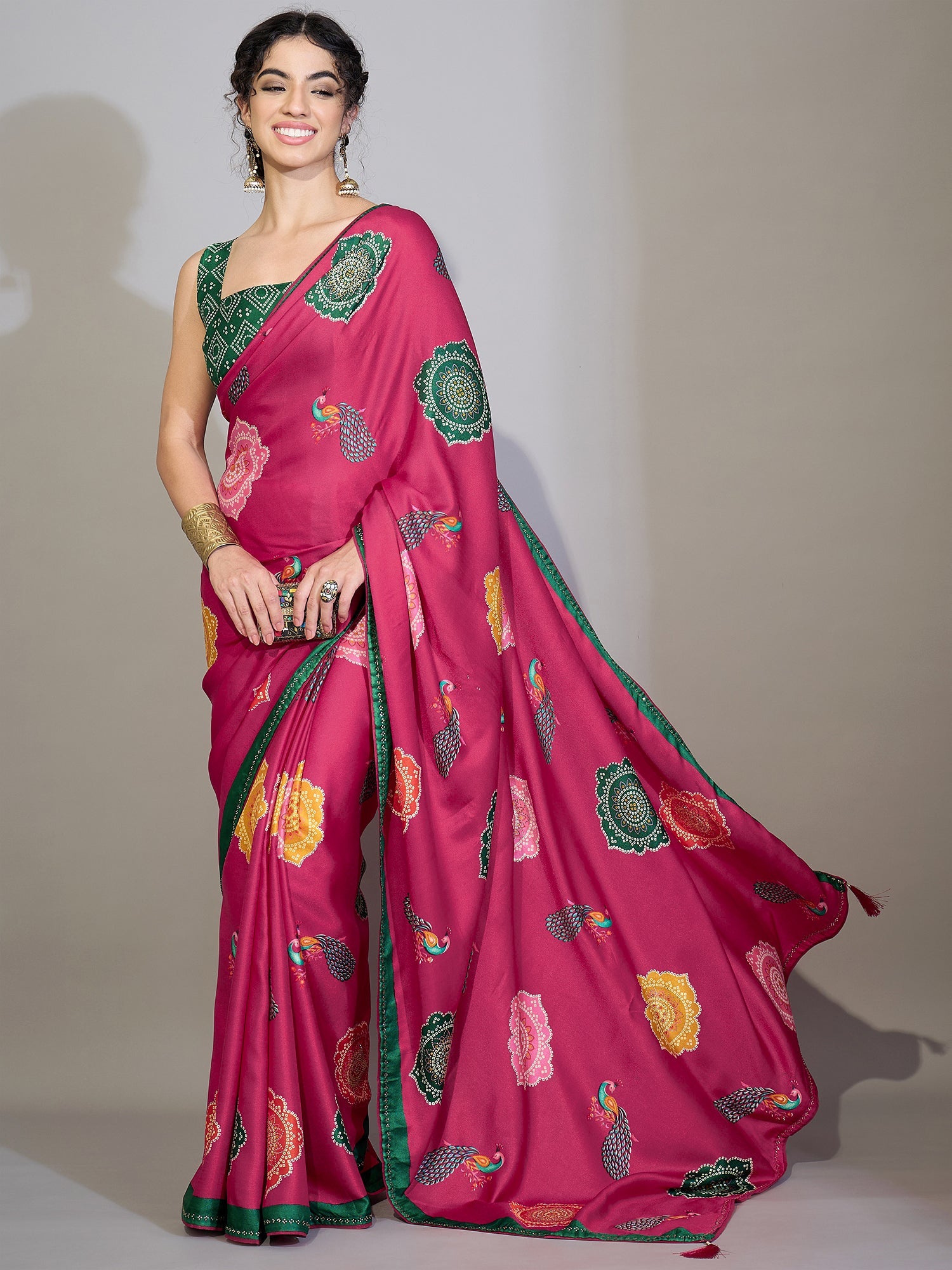 Magenta Pink Printed Crepe Saree - Ressa