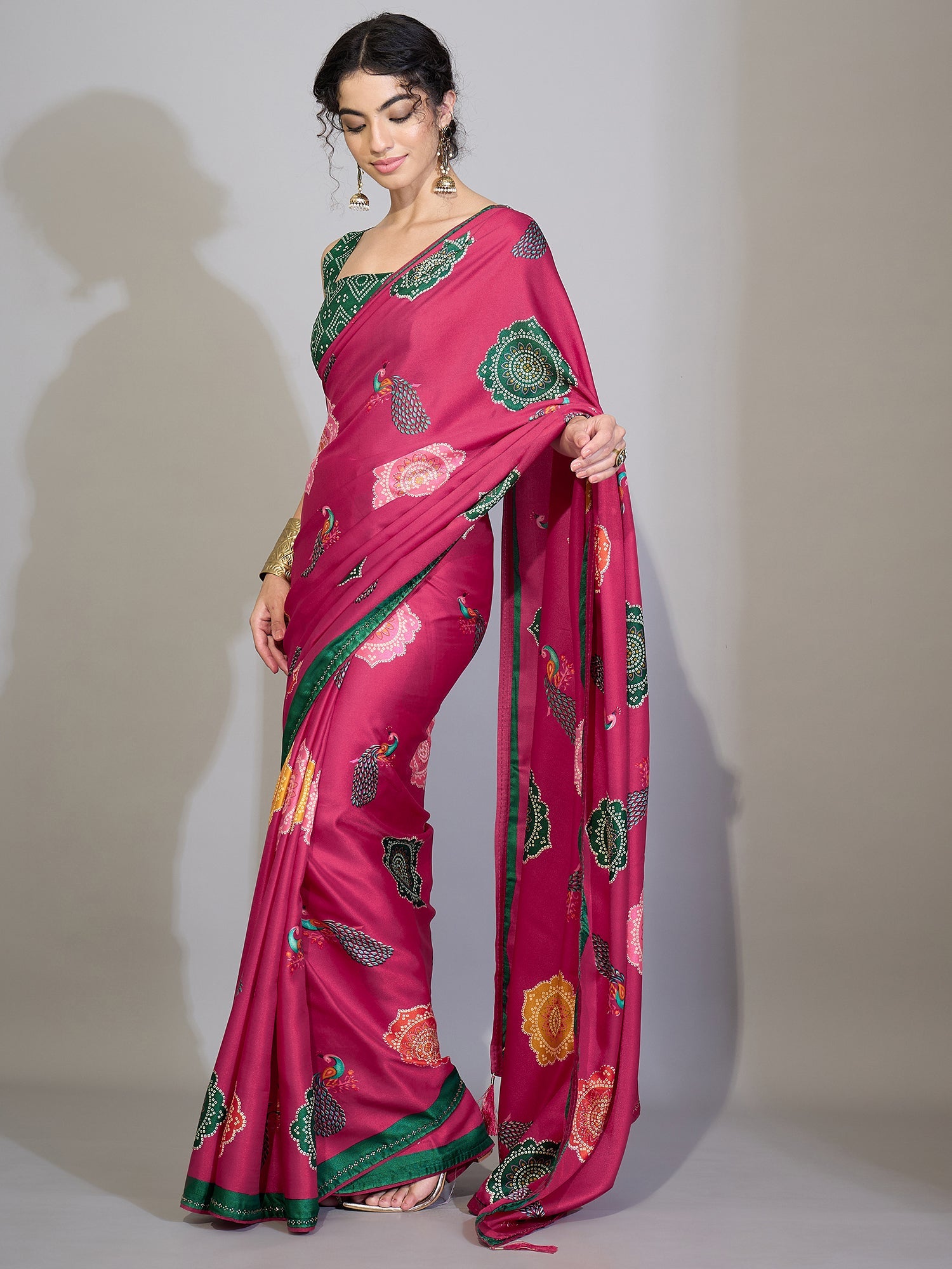Magenta Pink Printed Crepe Saree - Ressa