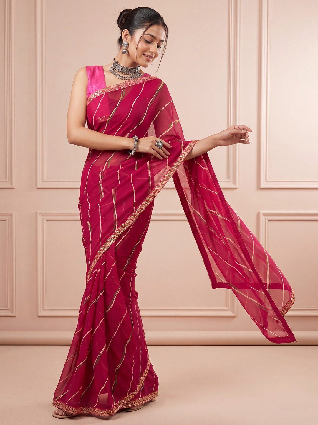Magenta Pink Striped Georgette Saree - Ressa
