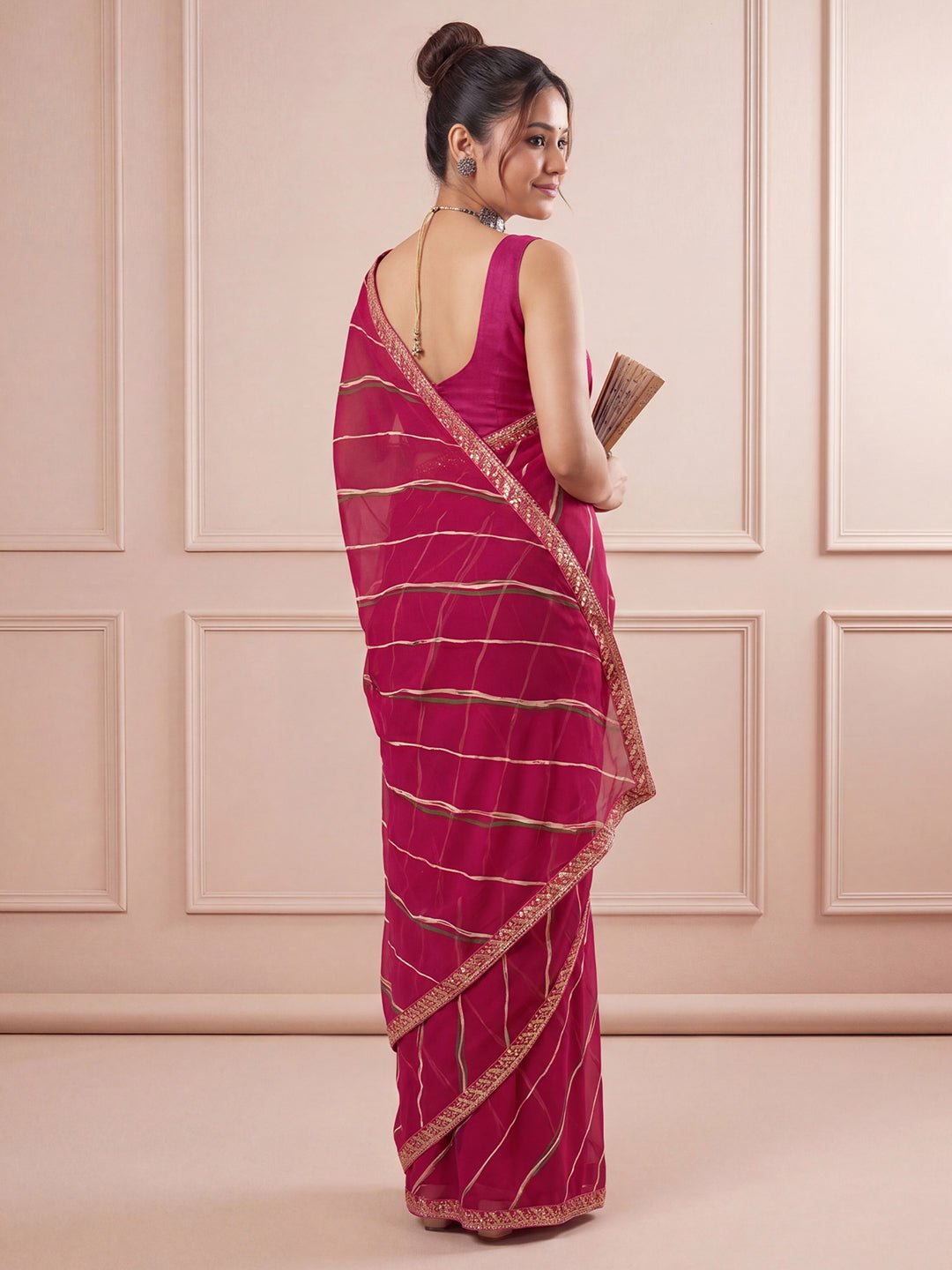 Magenta Pink Striped Georgette Saree - Ressa