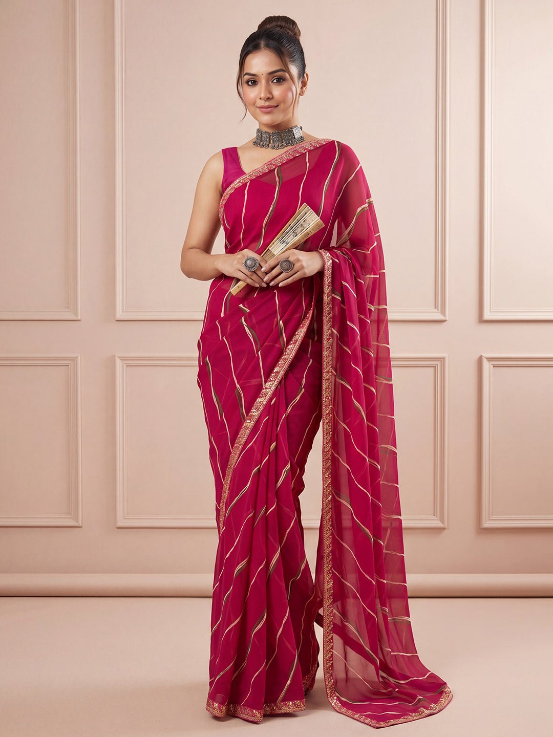 Magenta Pink Striped Georgette Saree - Ressa
