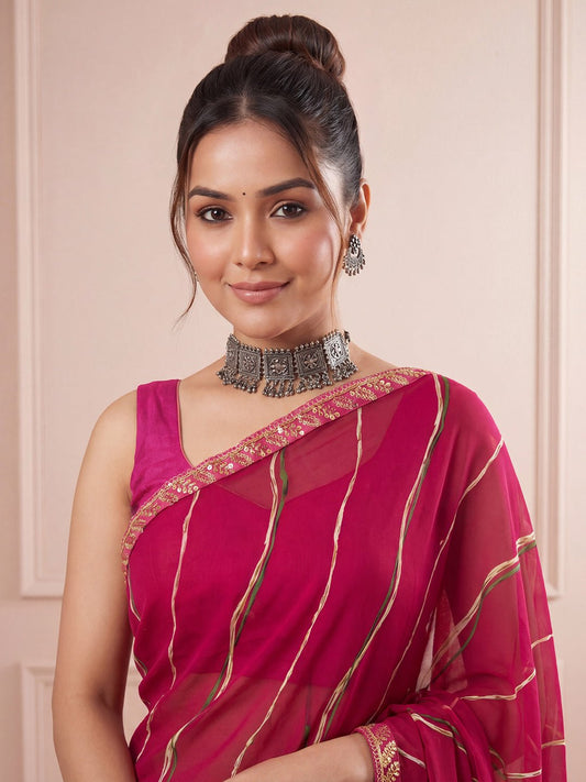 Magenta Pink Striped Georgette Saree - Ressa