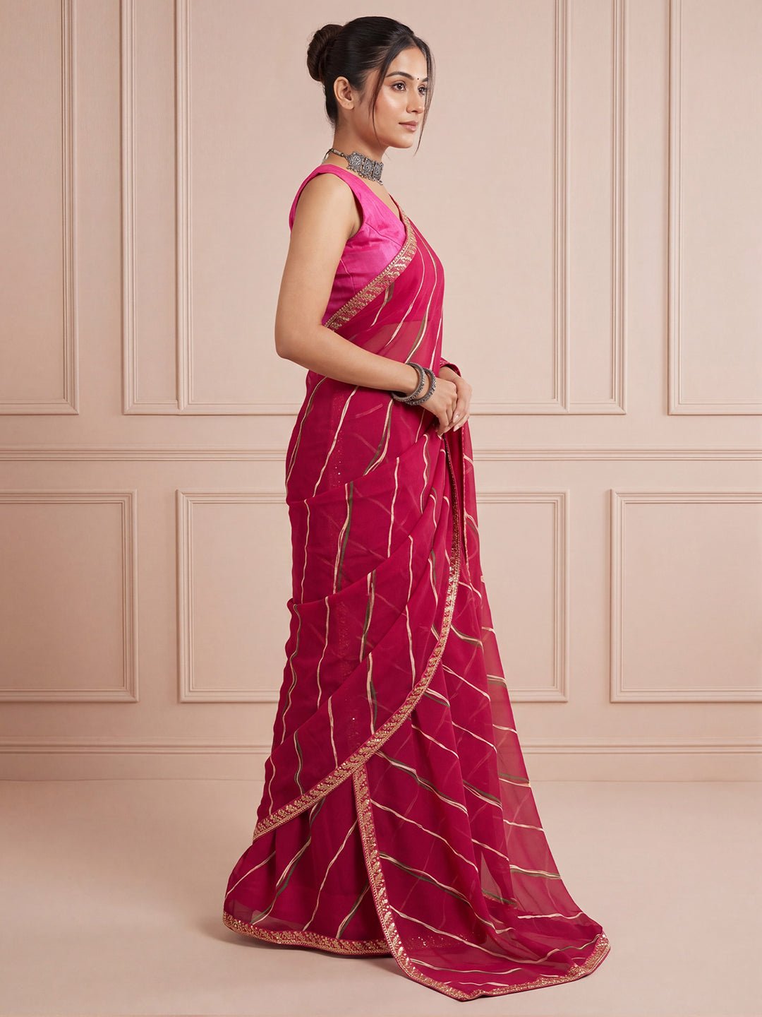 Magenta Pink Striped Georgette Saree - Ressa