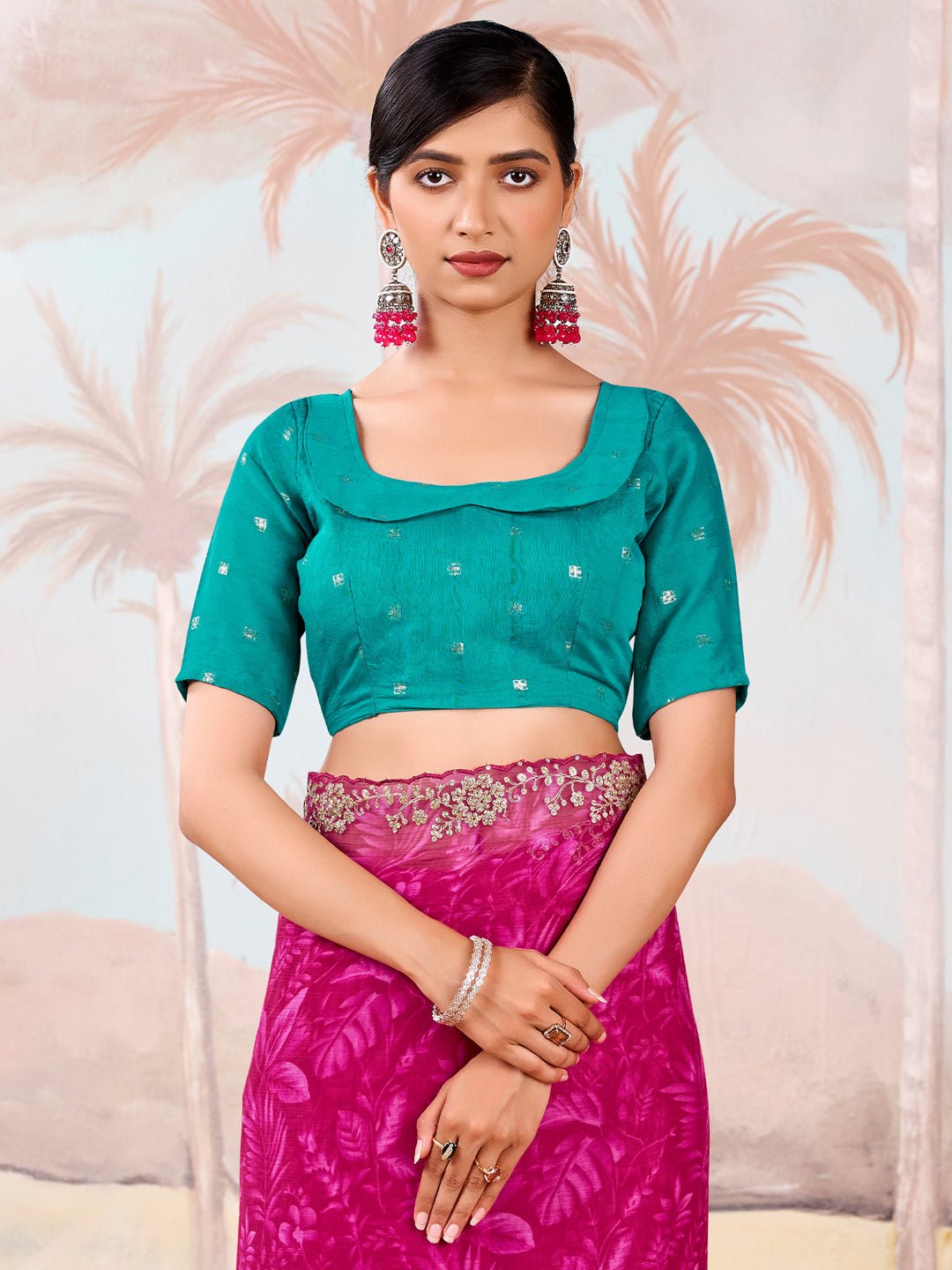 Magenta Polyester Floral Print Embroidered Border saree - Ressa