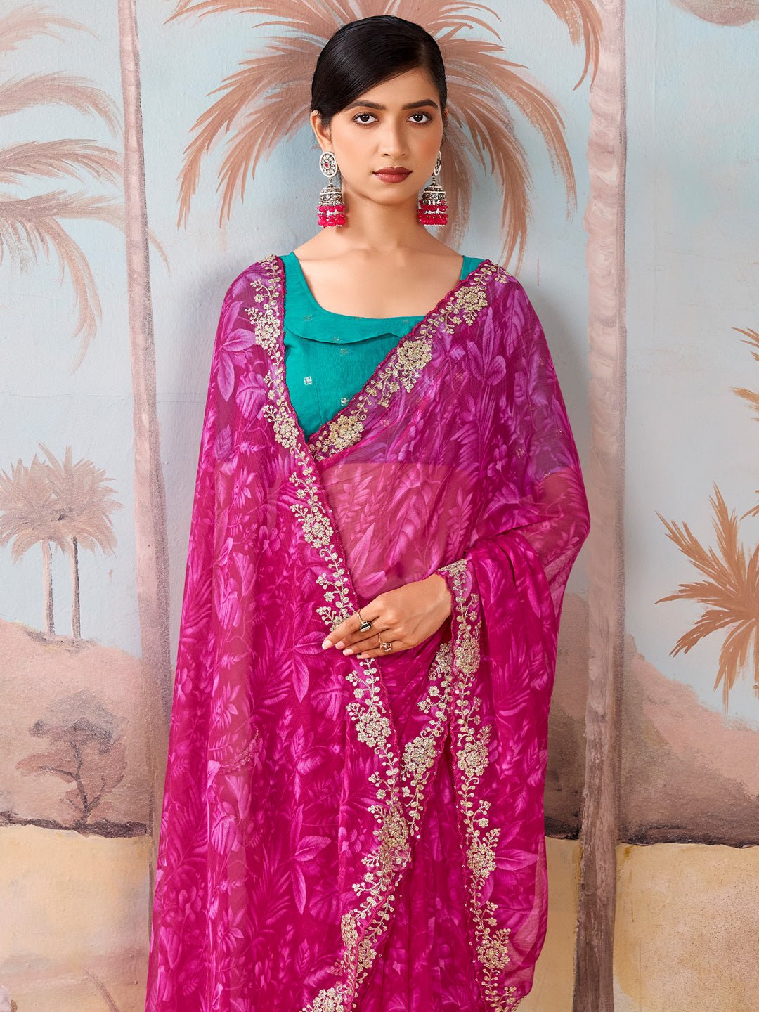 Magenta Polyester Floral Print Embroidered Border saree - Ressa