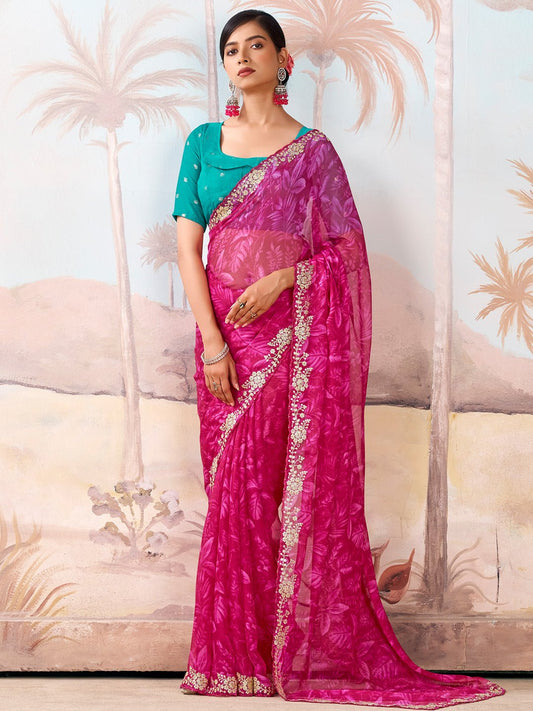 Magenta Polyester Floral Print Embroidered Border saree - Ressa