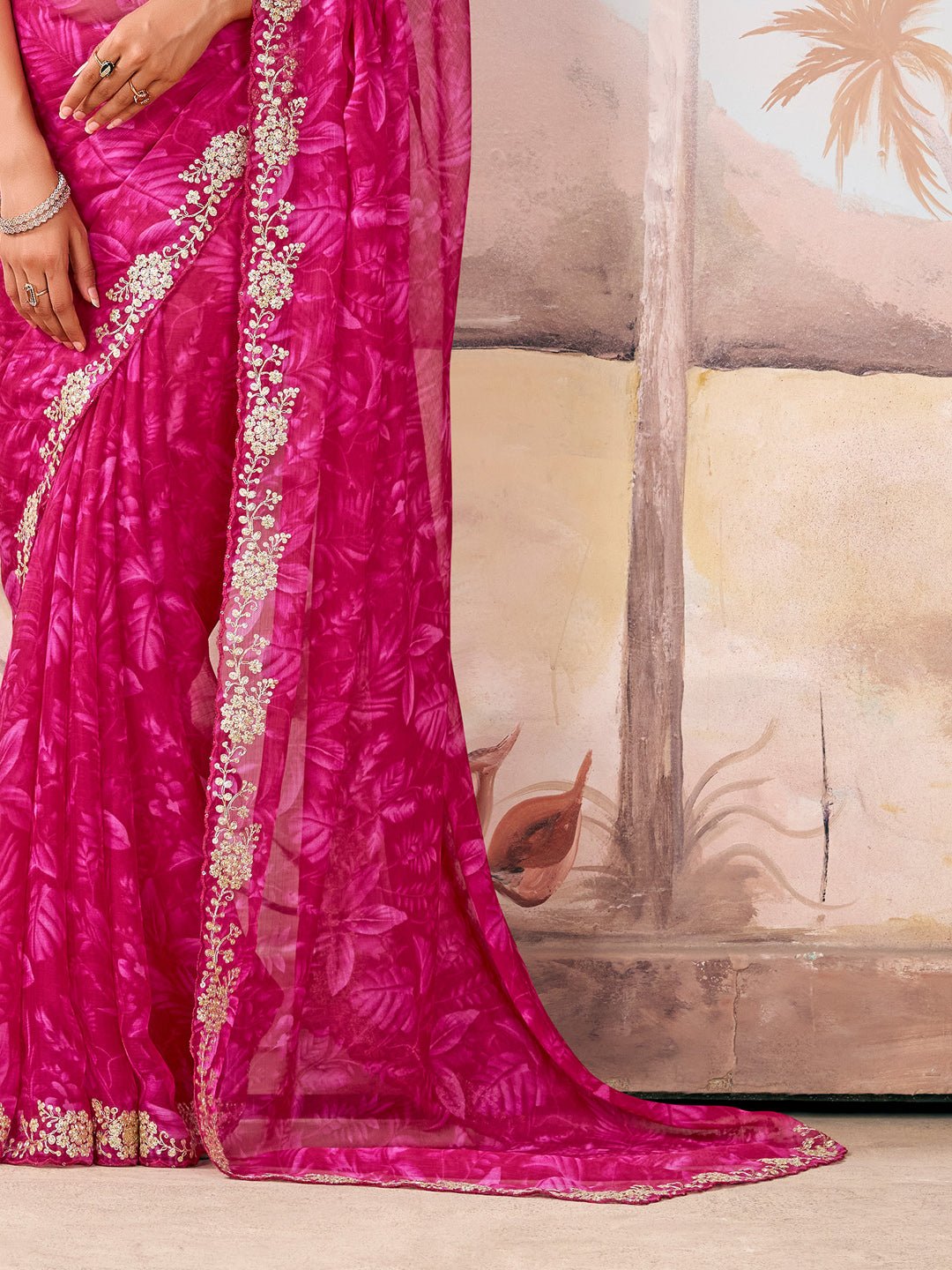 Magenta Polyester Floral Print Embroidered Border saree - Ressa