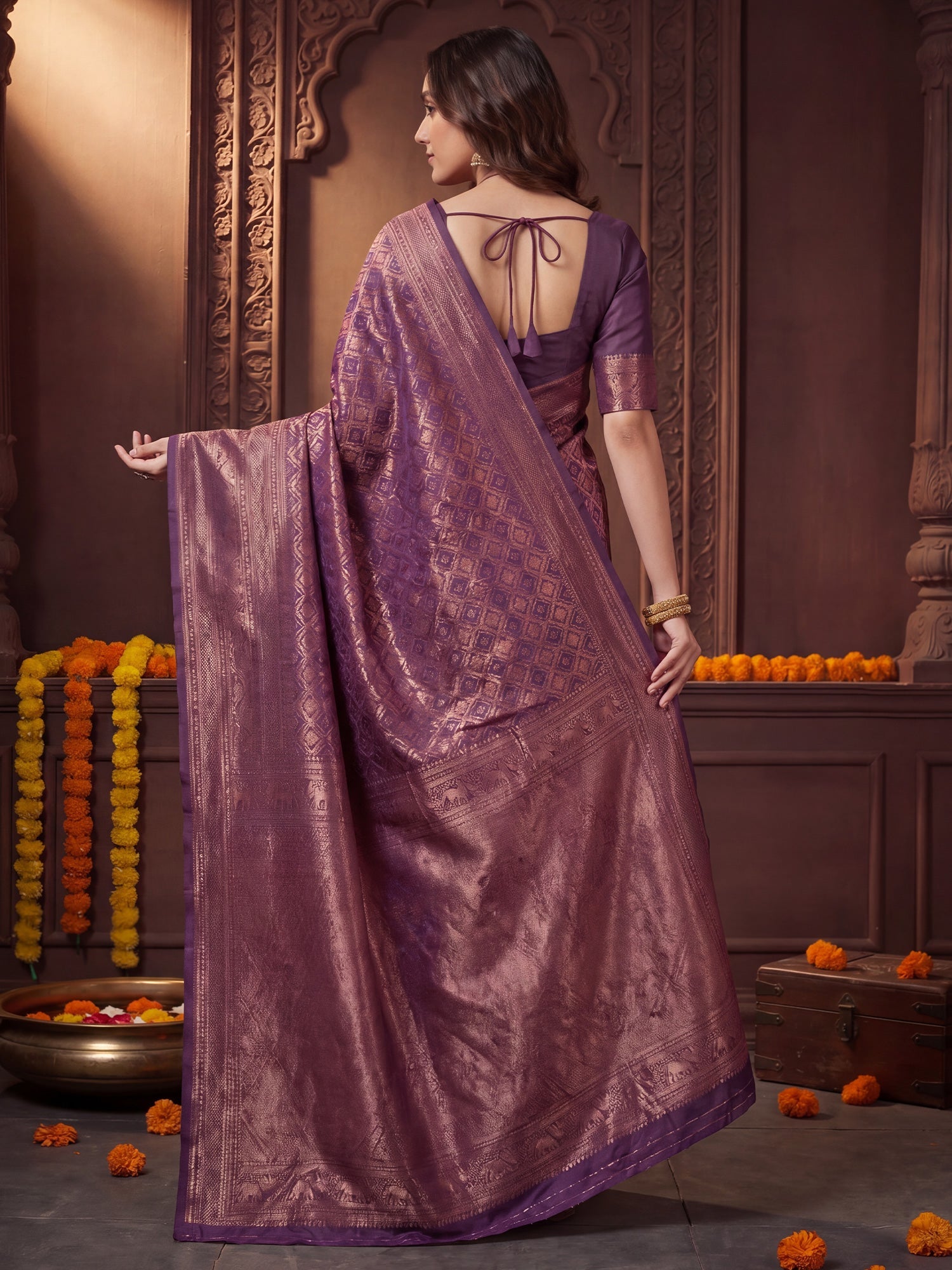 Magenta Purple Banarasi Silk Copper Zari Weaving Saree - Ressa
