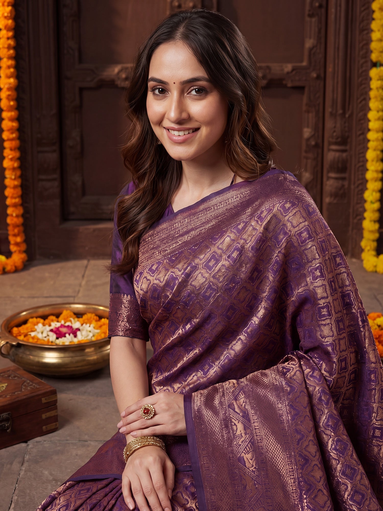 Magenta Purple Banarasi Silk Copper Zari Weaving Saree - Ressa