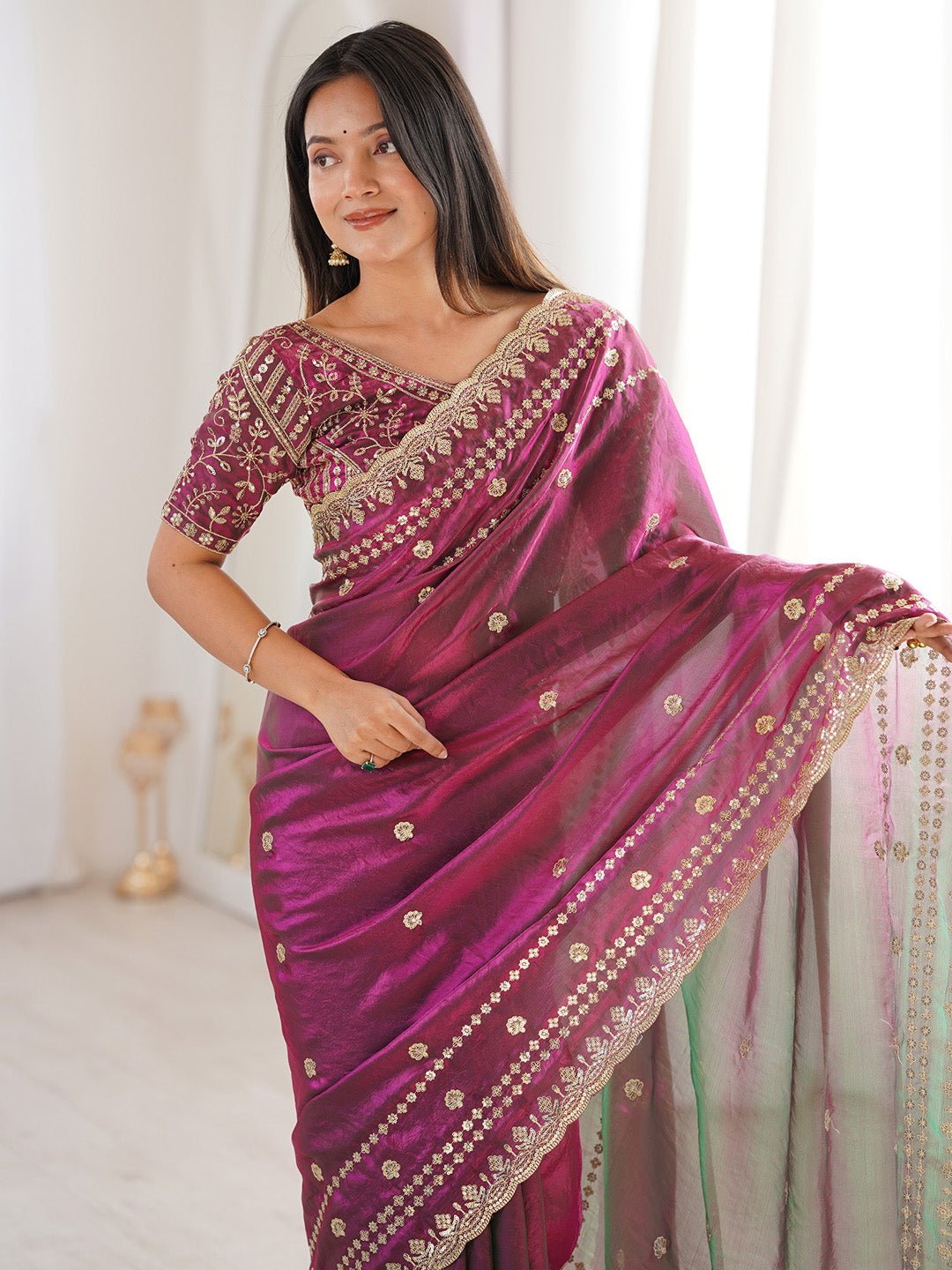 Magenta Satin Emblished Party Wear Saree - Ressa