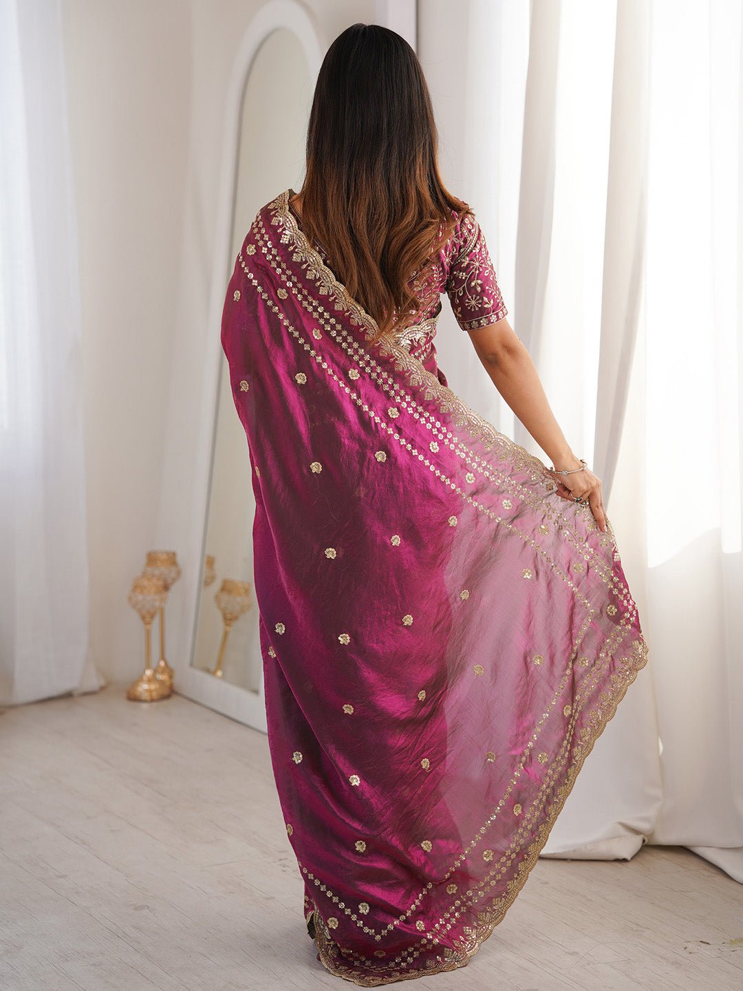 Magenta Satin Emblished Party Wear Saree - Ressa