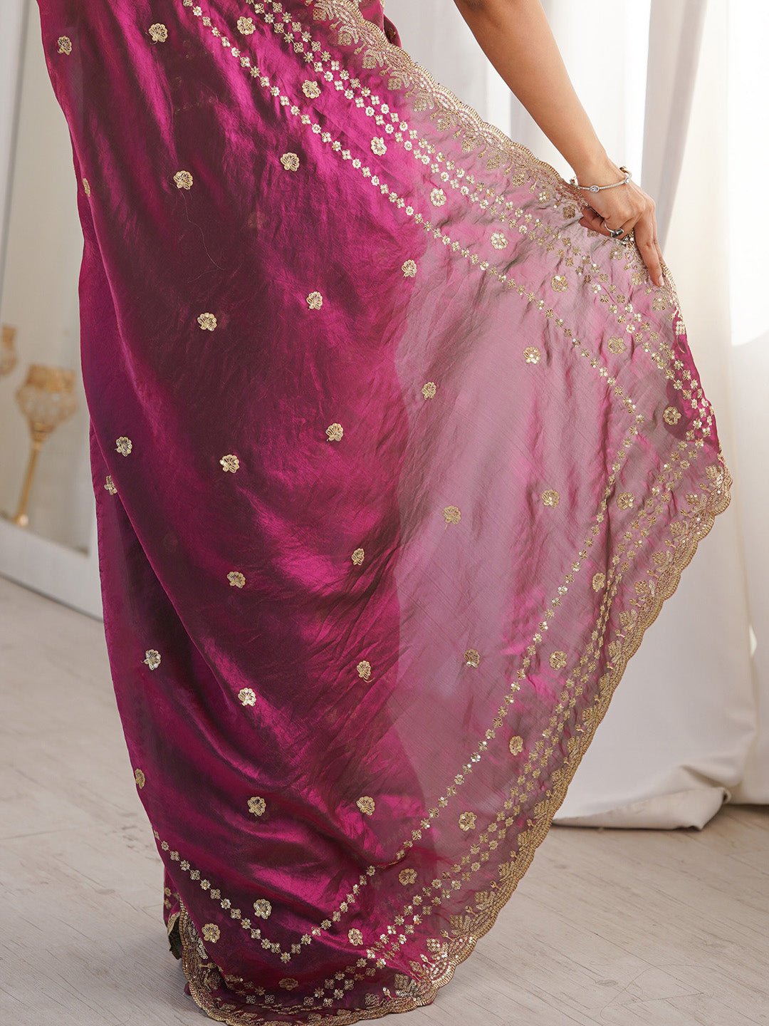 Magenta Satin Emblished Party Wear Saree - Ressa