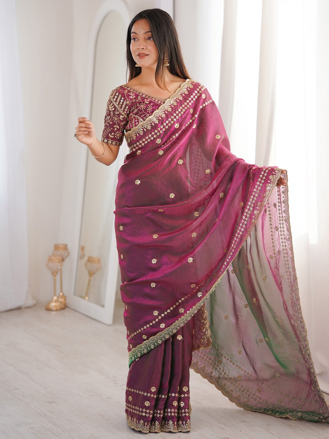 Magenta Satin Emblished Party Wear Saree - Ressa