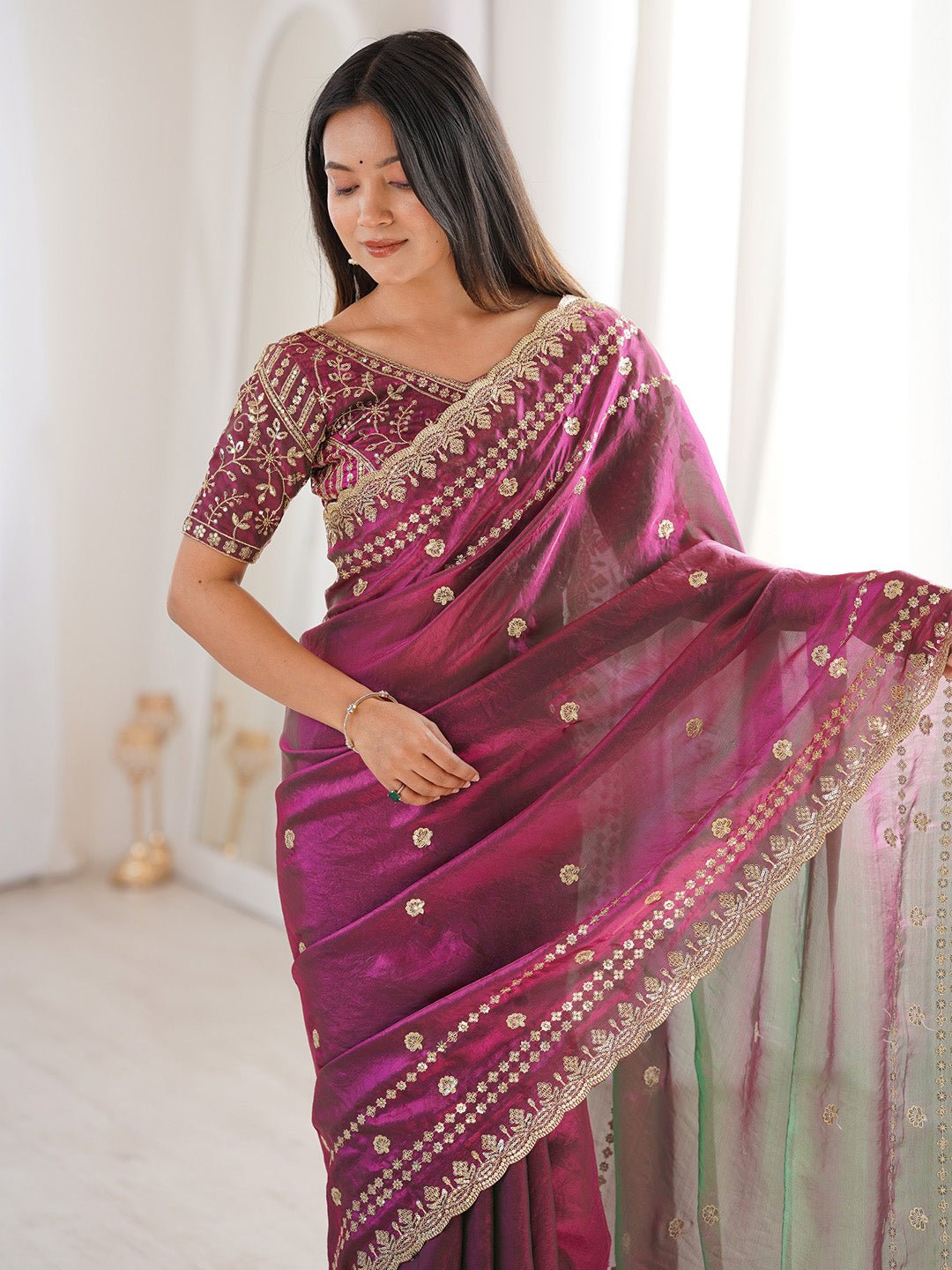 Magenta Satin Emblished Party Wear Saree - Ressa