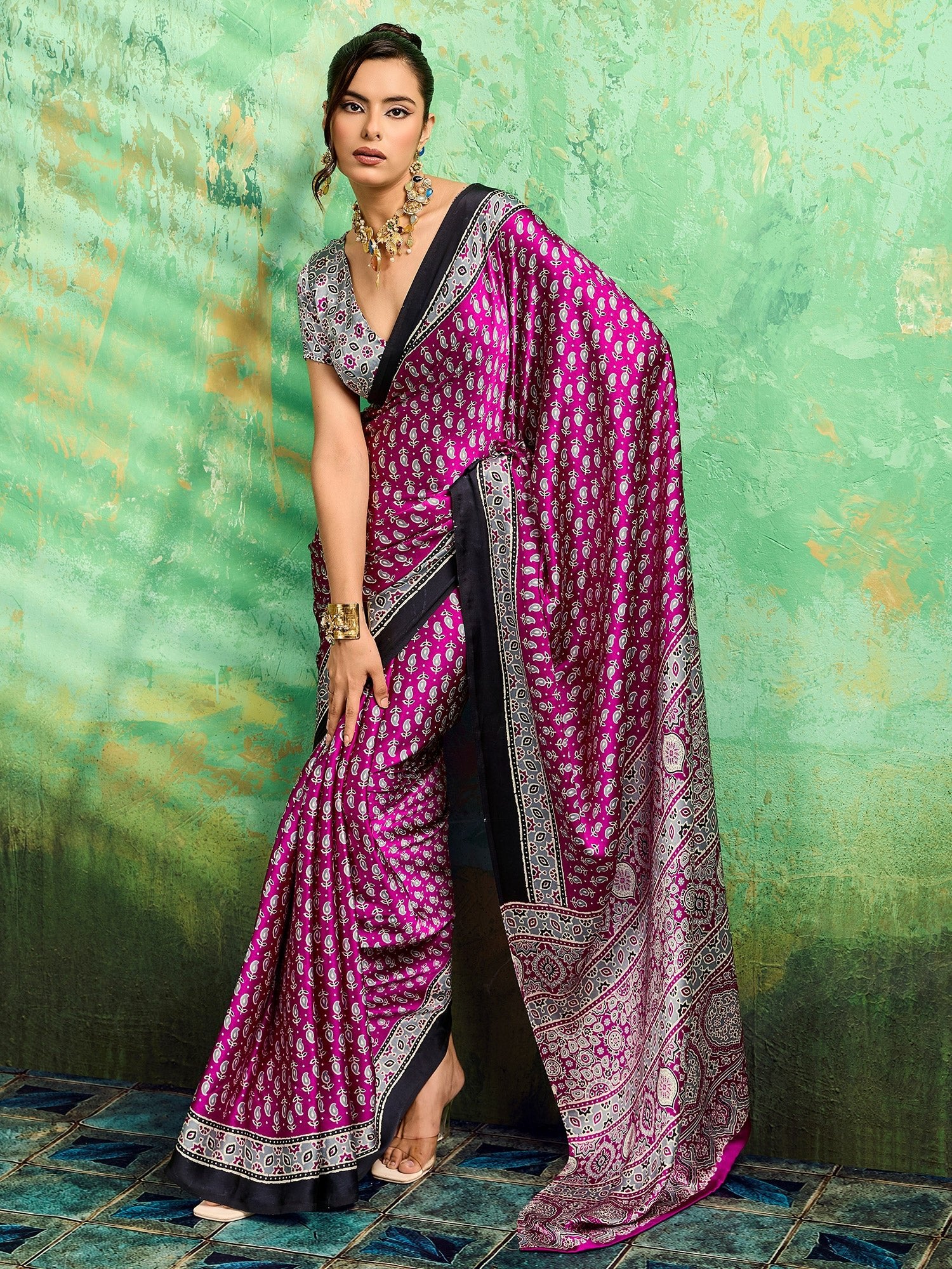 Magenta Satin Silk Block Printed Saree - Ressa