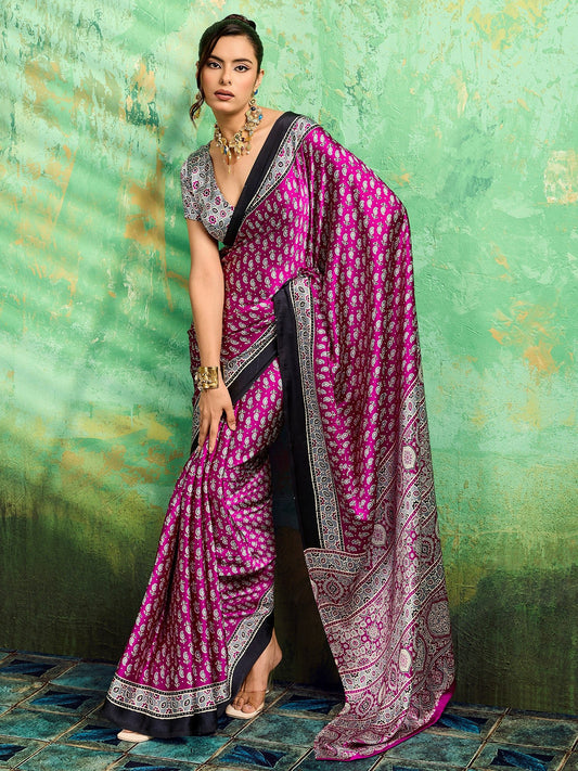 Magenta Satin Silk Block Printed Saree - Ressa