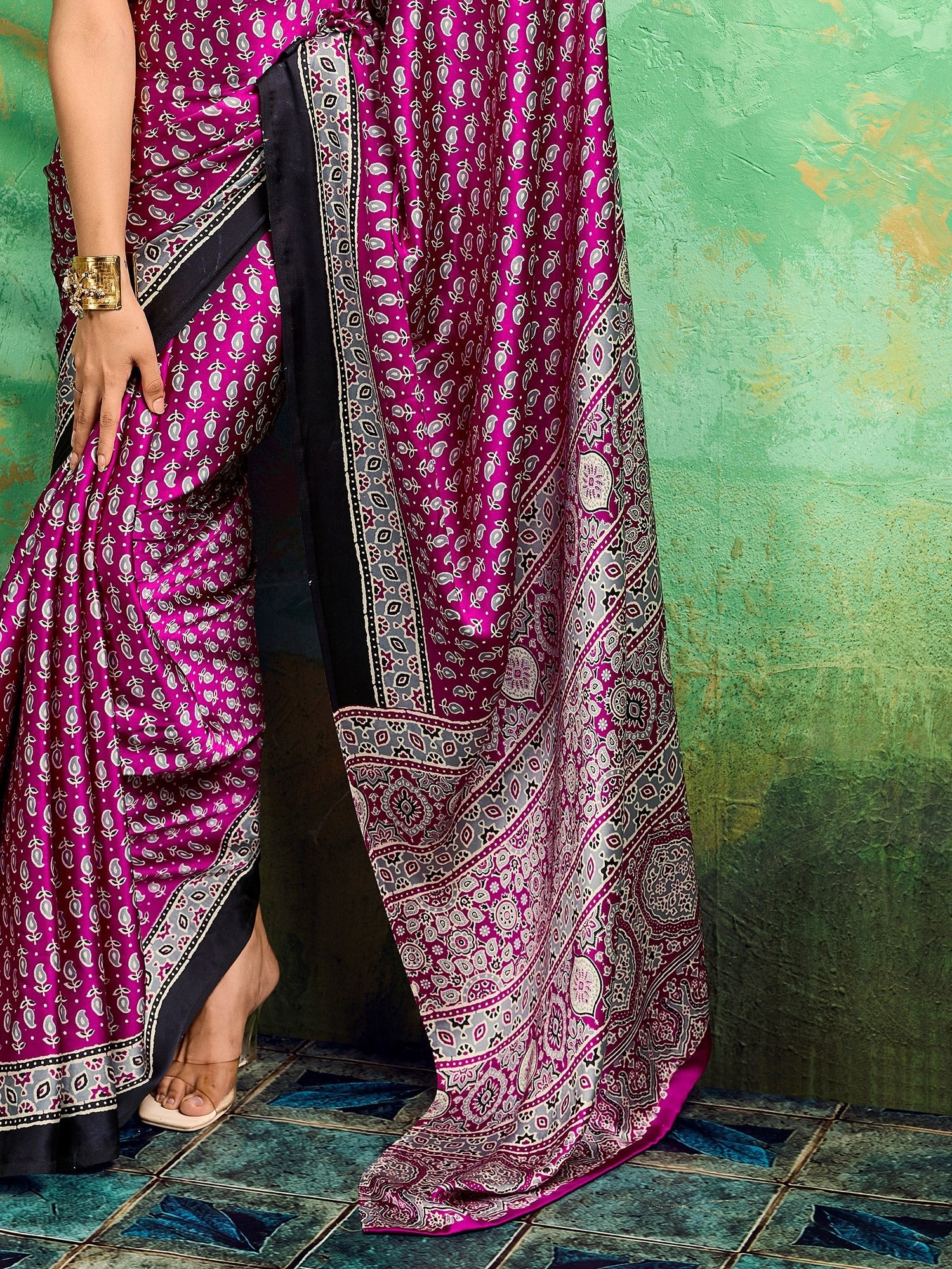 Magenta Satin Silk Block Printed Saree - Ressa