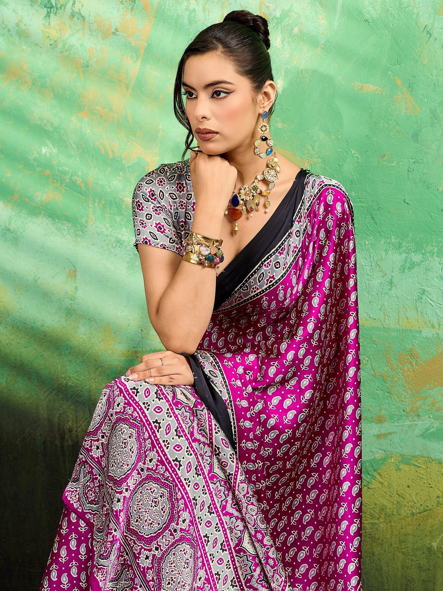 Magenta Satin Silk Block Printed Saree - Ressa