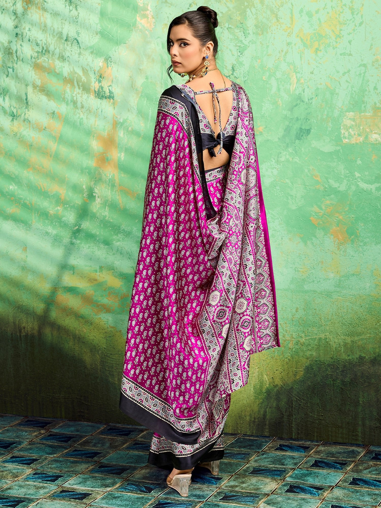 Magenta Satin Silk Block Printed Saree - Ressa