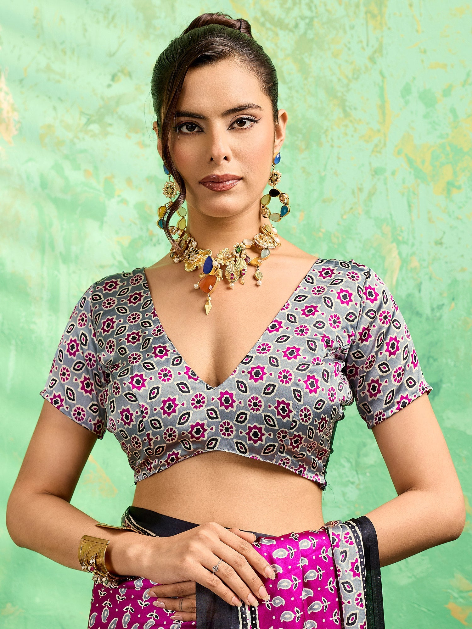 Magenta Satin Silk Block Printed Saree - Ressa